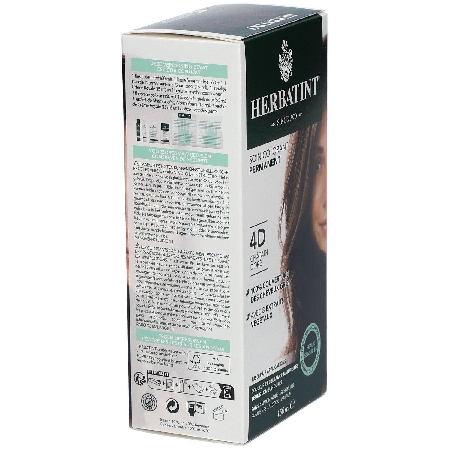 Vue latérale de la boîte de coloration capillaire HERBATINT®. Contient des informations sur les ingrédients et l'utilisation. 4D Châtain Doré. Testé dermatologiquement.