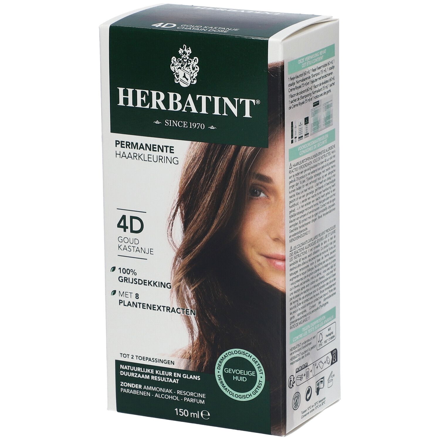 Boîte de coloration capillaire HERBATINT®. 4D Gold Kastanje. Couvre 100% des cheveux gris. Avec 8 extraits végétaux. Testé dermatologiquement. 150 ml.