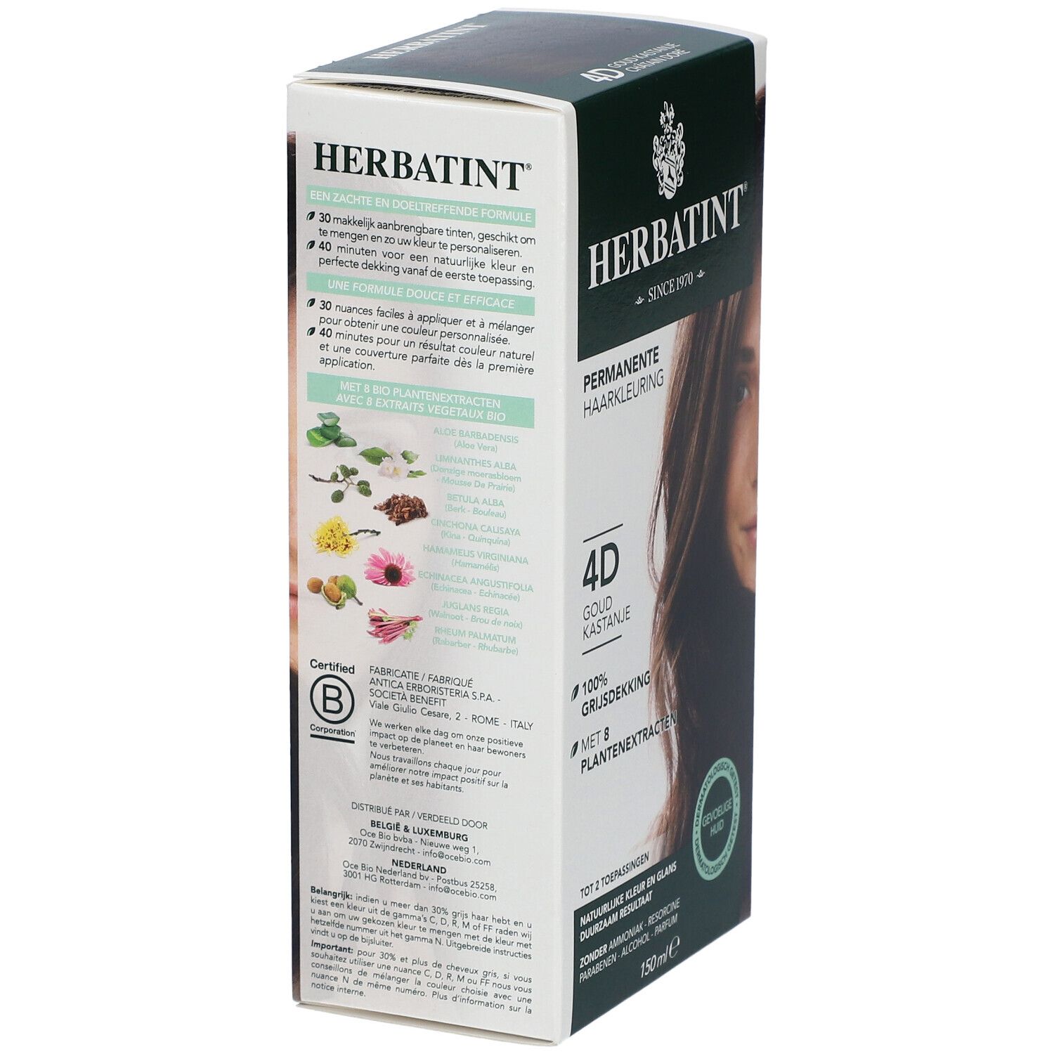 Vue latérale de la boîte de coloration capillaire HERBATINT®. Contient des informations sur les ingrédients et l'utilisation. 4D Gold Kastanje. Testé dermatologiquement.