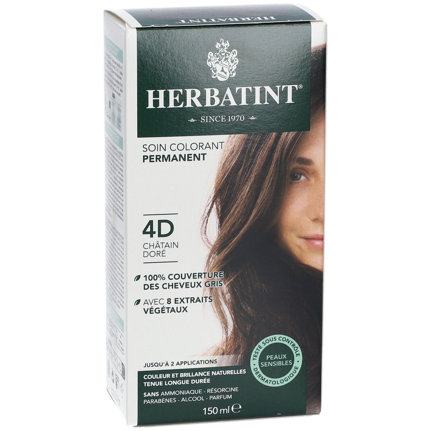 Boîte de coloration capillaire HERBATINT®. 4D Châtain Doré. Couvre 100% des cheveux gris. Avec 8 extraits végétaux. Testé dermatologiquement. 150 ml.