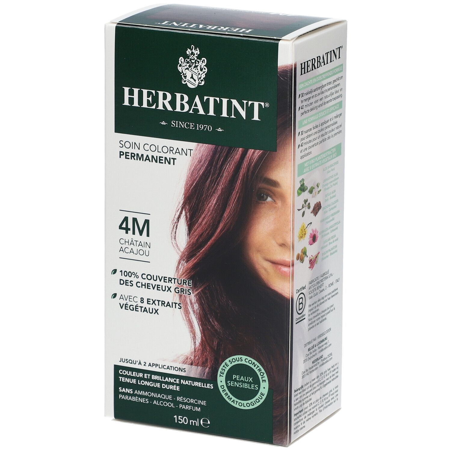 Boîte Herbatint Soin Colorant Permanent 4M Châtain Acajou. Couvre 100% des cheveux gris. Avec 8 extraits végétaux. Testé dermatologiquement.