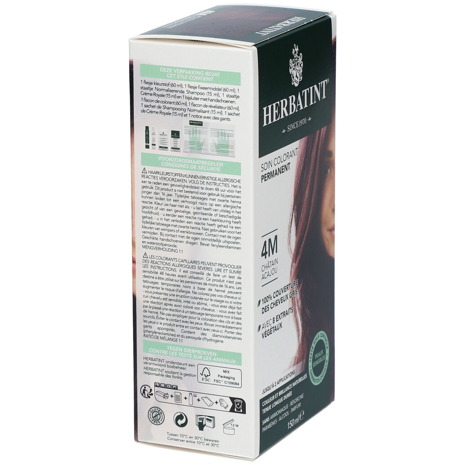 Boîte Herbatint Soin Colorant Permanent 4M Châtain Acajou. Arrière avec informations produit et instructions d'utilisation.