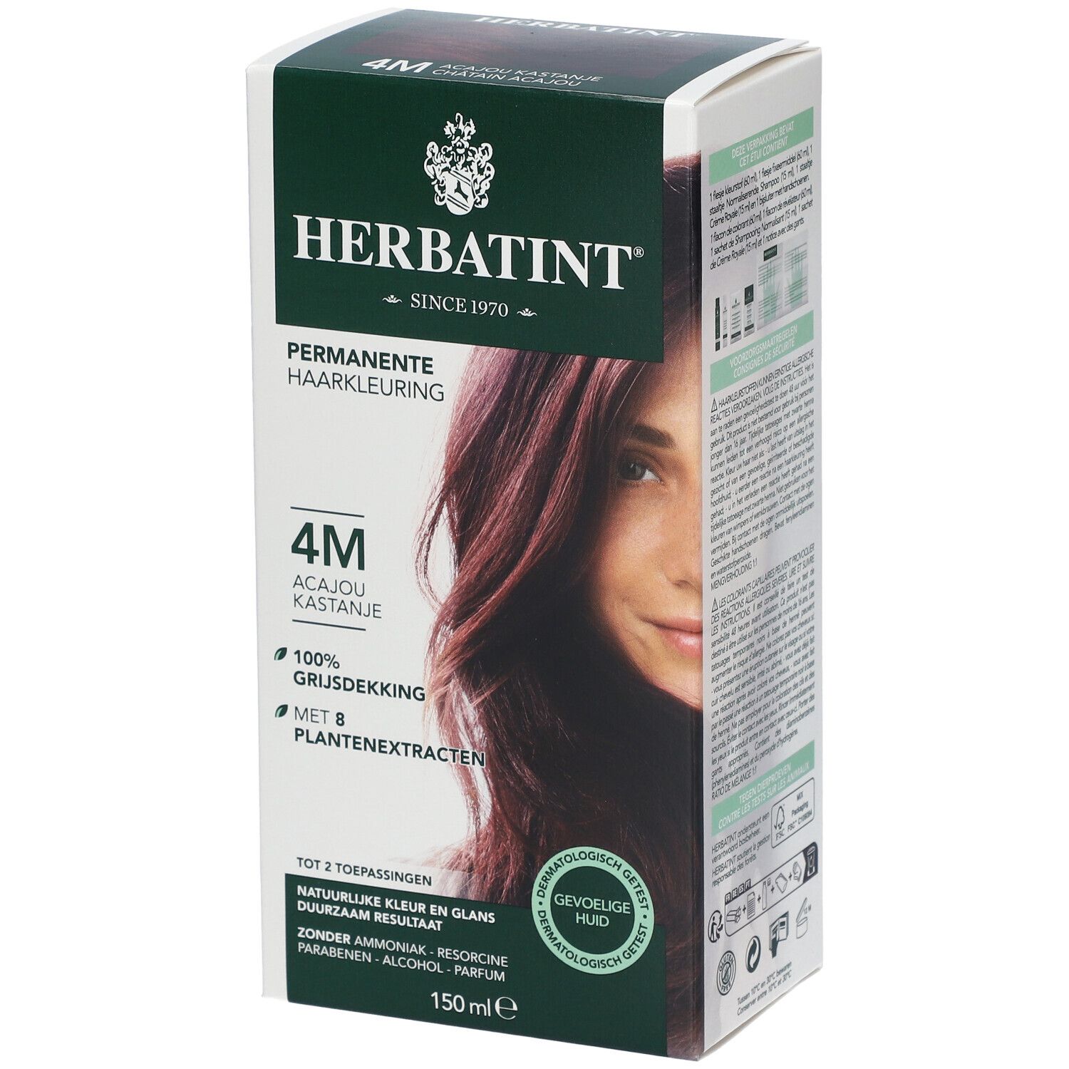 Herbatint Permanente Haarkleuring 4M Acajou Kastanje. Couvre 100% des cheveux gris. Avec 8 extraits végétaux. Testé dermatologiquement.
