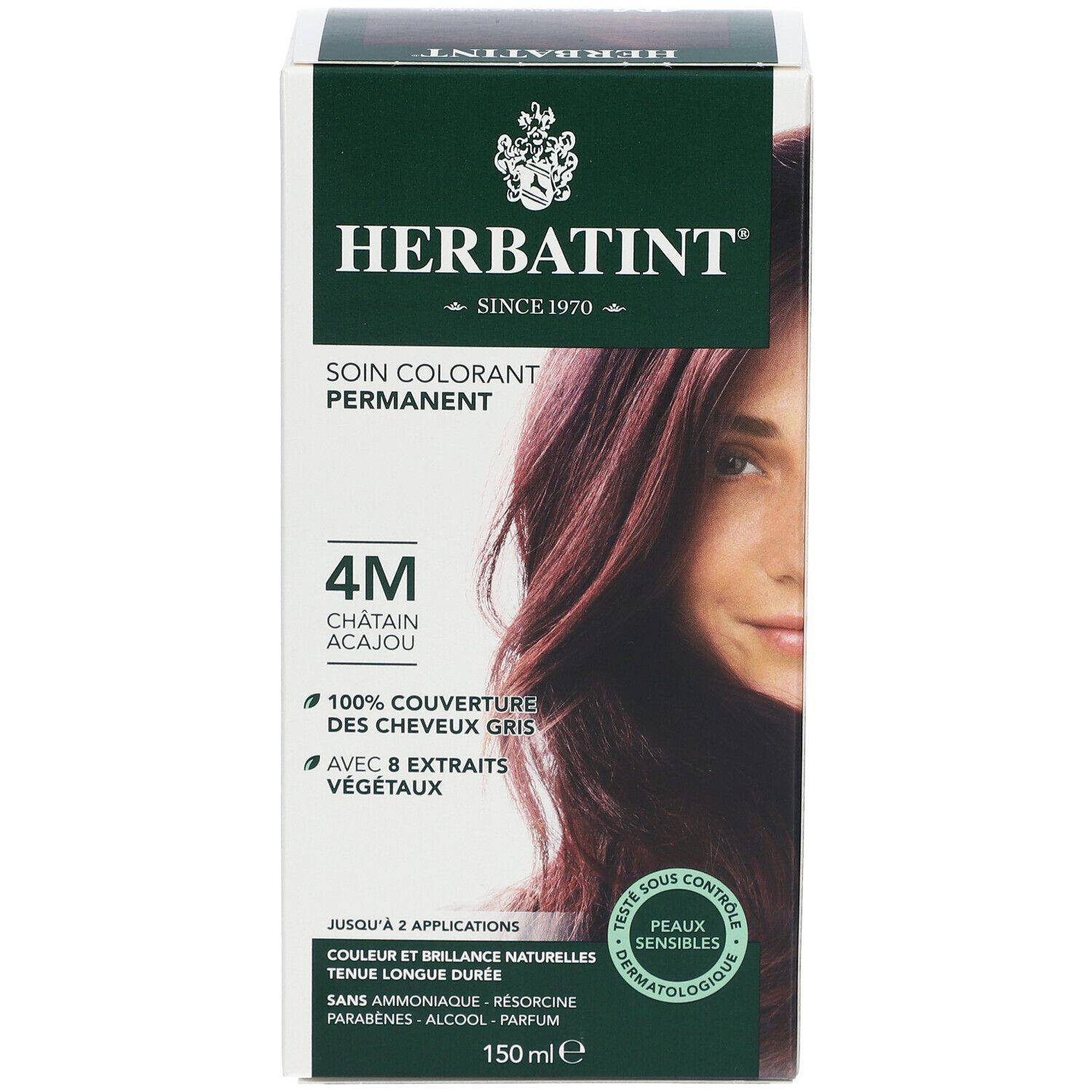 Herbatint Soin Colorant Permanent 4M Châtain Acajou. Couvre 100% des cheveux gris. Avec 8 extraits végétaux. Pour peaux sensibles.