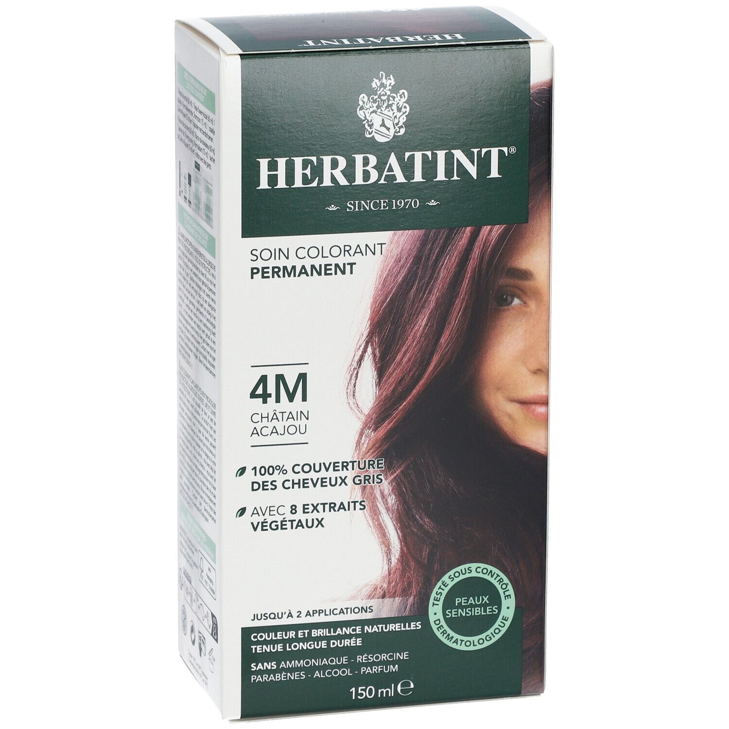 Herbatint Soin Colorant Permanent 4M Châtain Acajou. Couvre 100% des cheveux gris. Avec 8 extraits végétaux. Testé dermatologiquement.