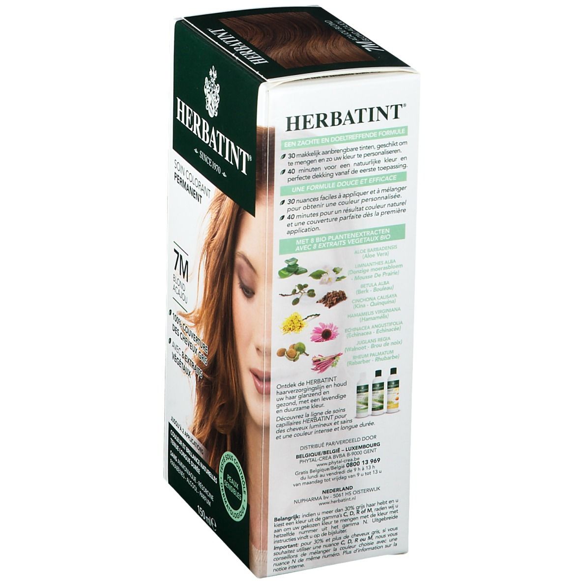 Boîte HERBATINT® Haarfarbe. Informations produit et ingrédients au dos. 150ml.