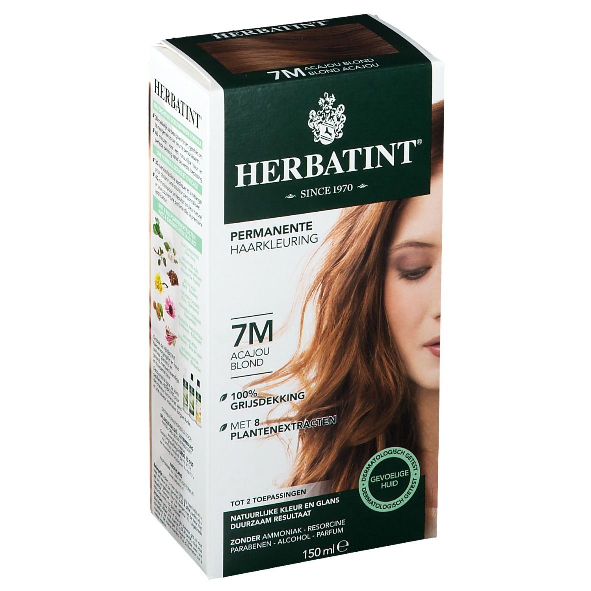 Boîte HERBATINT® Haarfarbe 7M Blond Acajou. Ingrédients et informations sur l'emballage. 150ml.