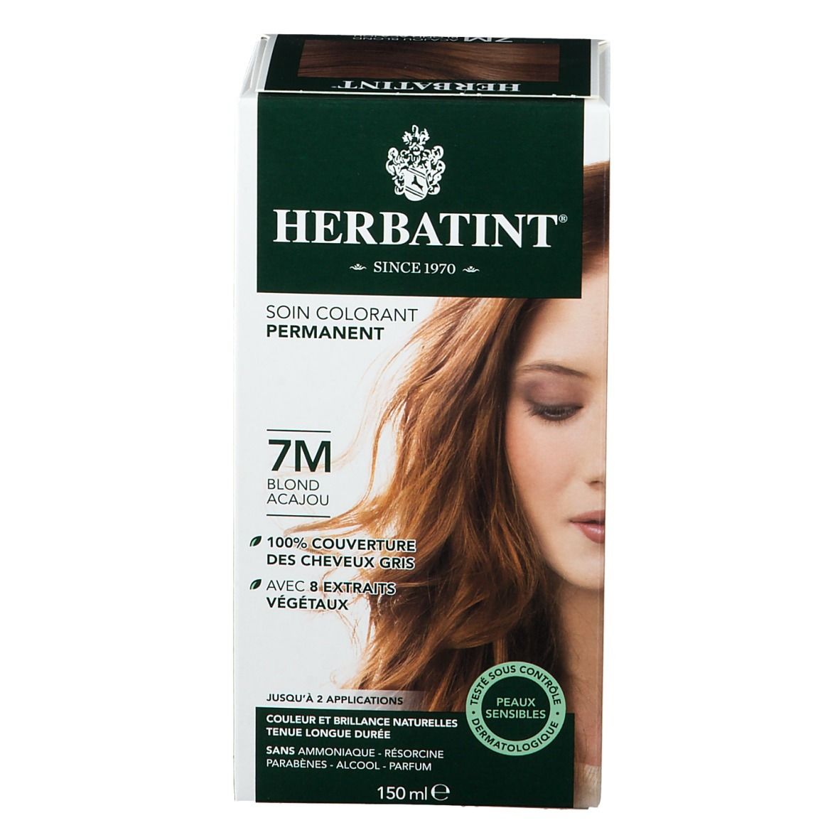 Boîte HERBATINT® Haarfarbe 7M Blond Acajou. Ingrédients et informations sur l'emballage. 150ml.