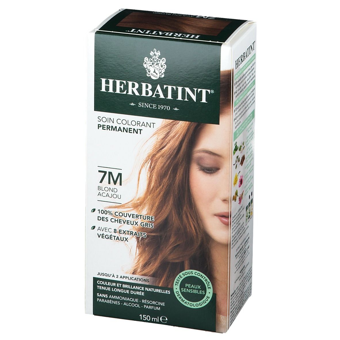 Boîte HERBATINT® Haarfarbe 7M Blond Acajou. Ingrédients et informations sur l'emballage. 150ml.