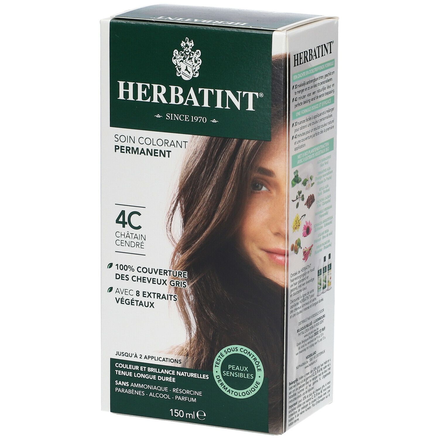 Herbatint Soin Colorant Permanent 4C. Châtain cendré. Couvre 100% des cheveux gris. Boîte. Testé dermatologiquement. 150ml.
