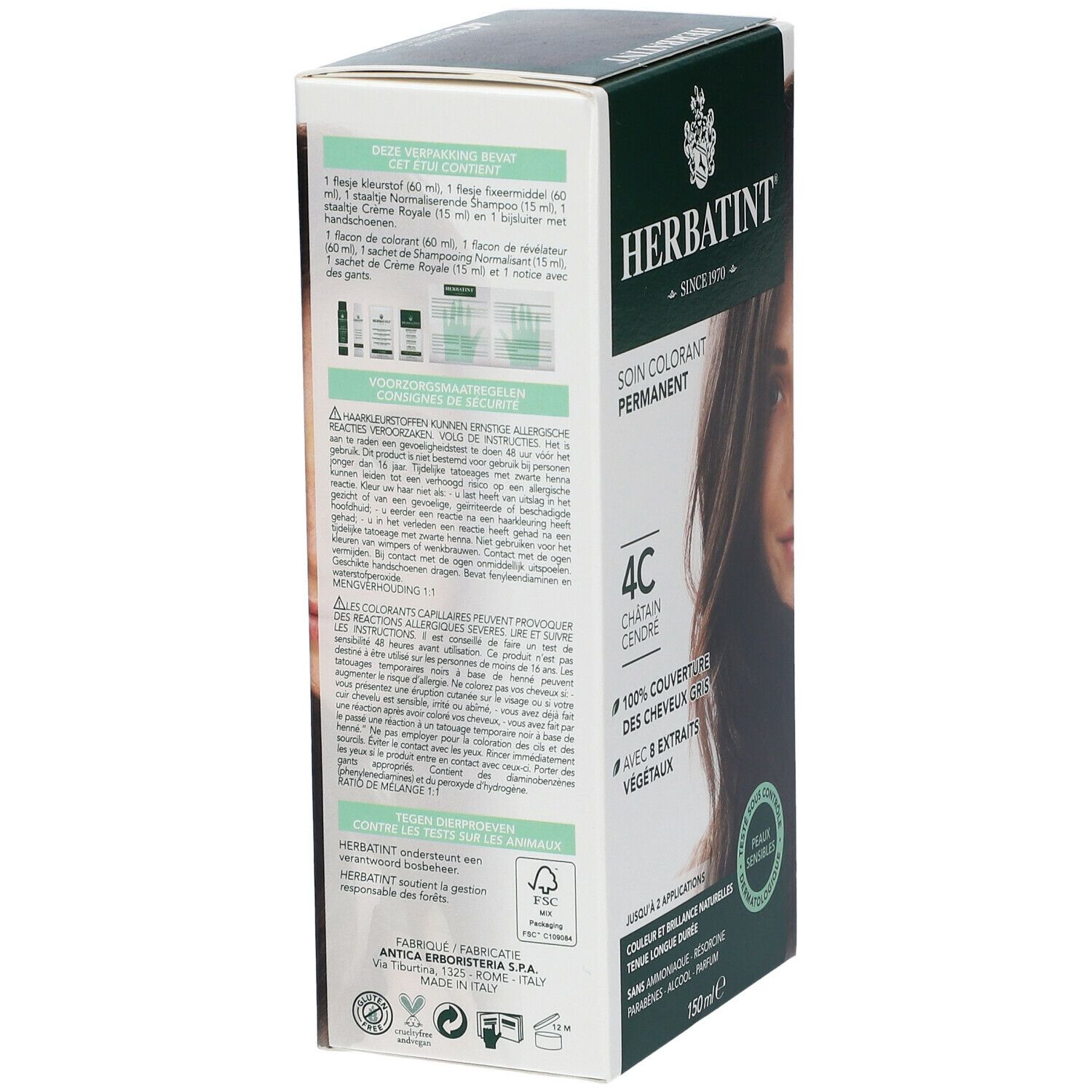Herbatint Soin Colorant Permanent 4C. Châtain cendré. Couvre 100% des cheveux gris. Boîte. Testé dermatologiquement. 150ml.