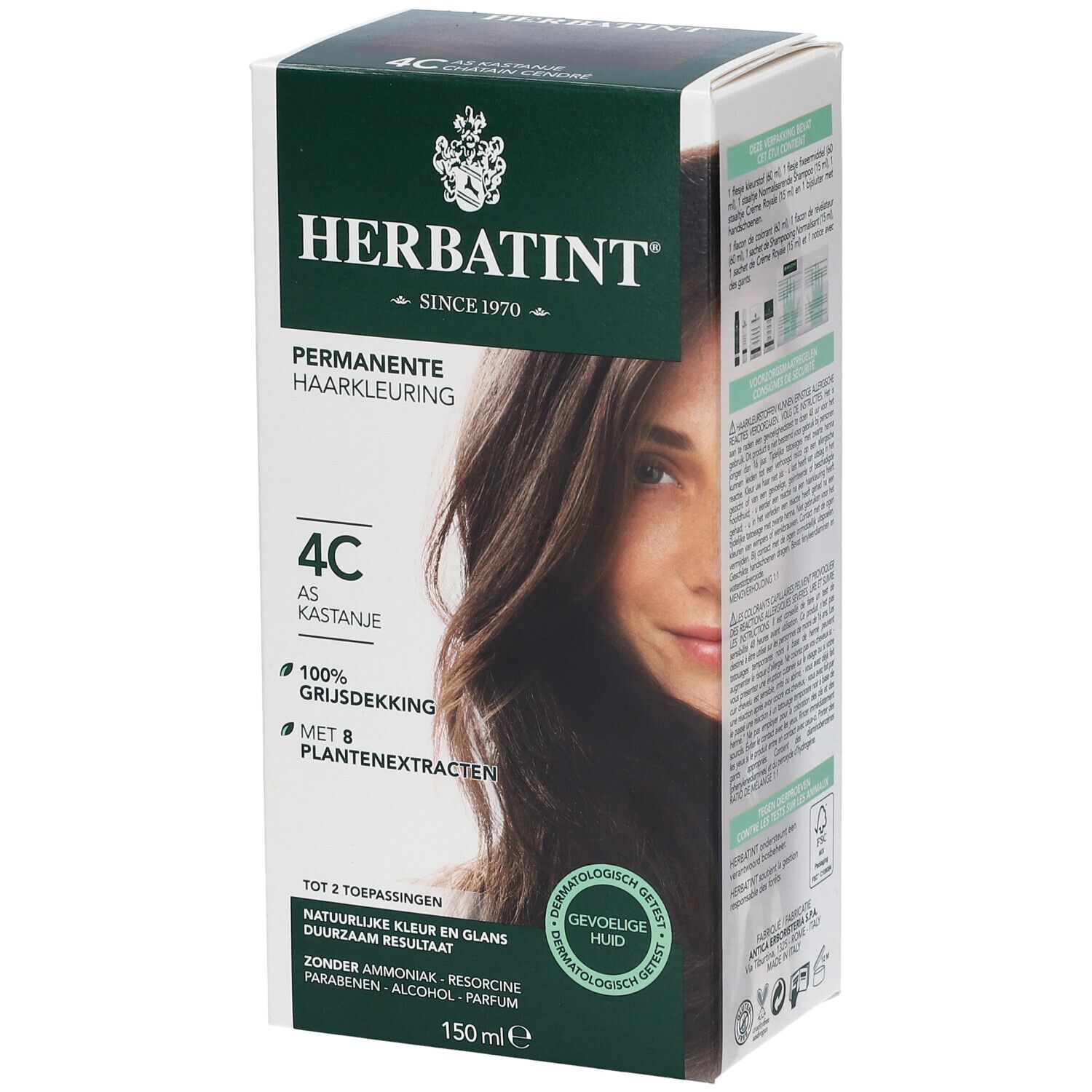 Herbatint Soin Colorant Permanent 4C. Châtain cendré. Couvre 100% des cheveux gris. Boîte. Testé dermatologiquement. 150ml.