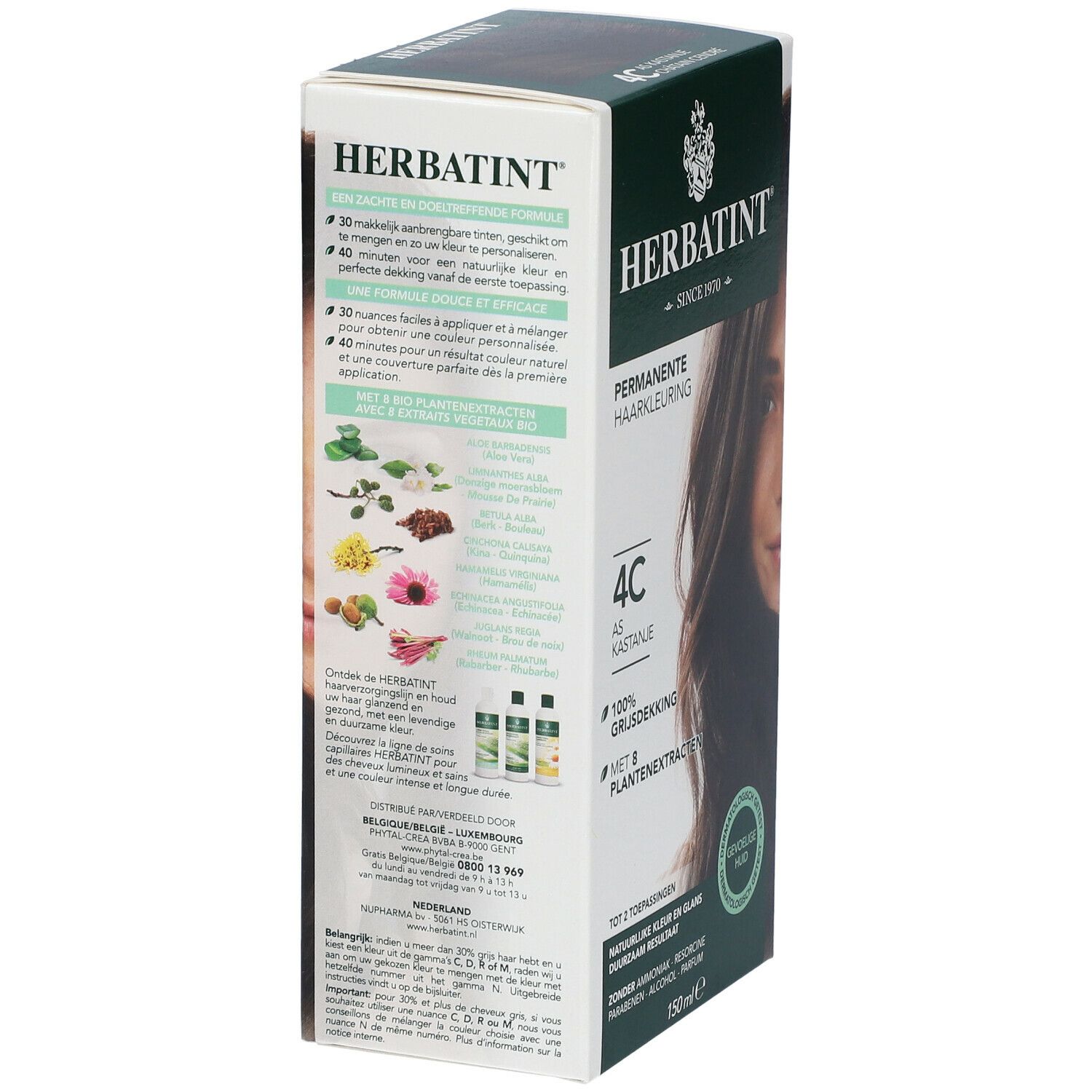 Herbatint Soin Colorant Permanent 4C. Châtain cendré. Couvre 100% des cheveux gris. Boîte. Testé dermatologiquement. 150ml.