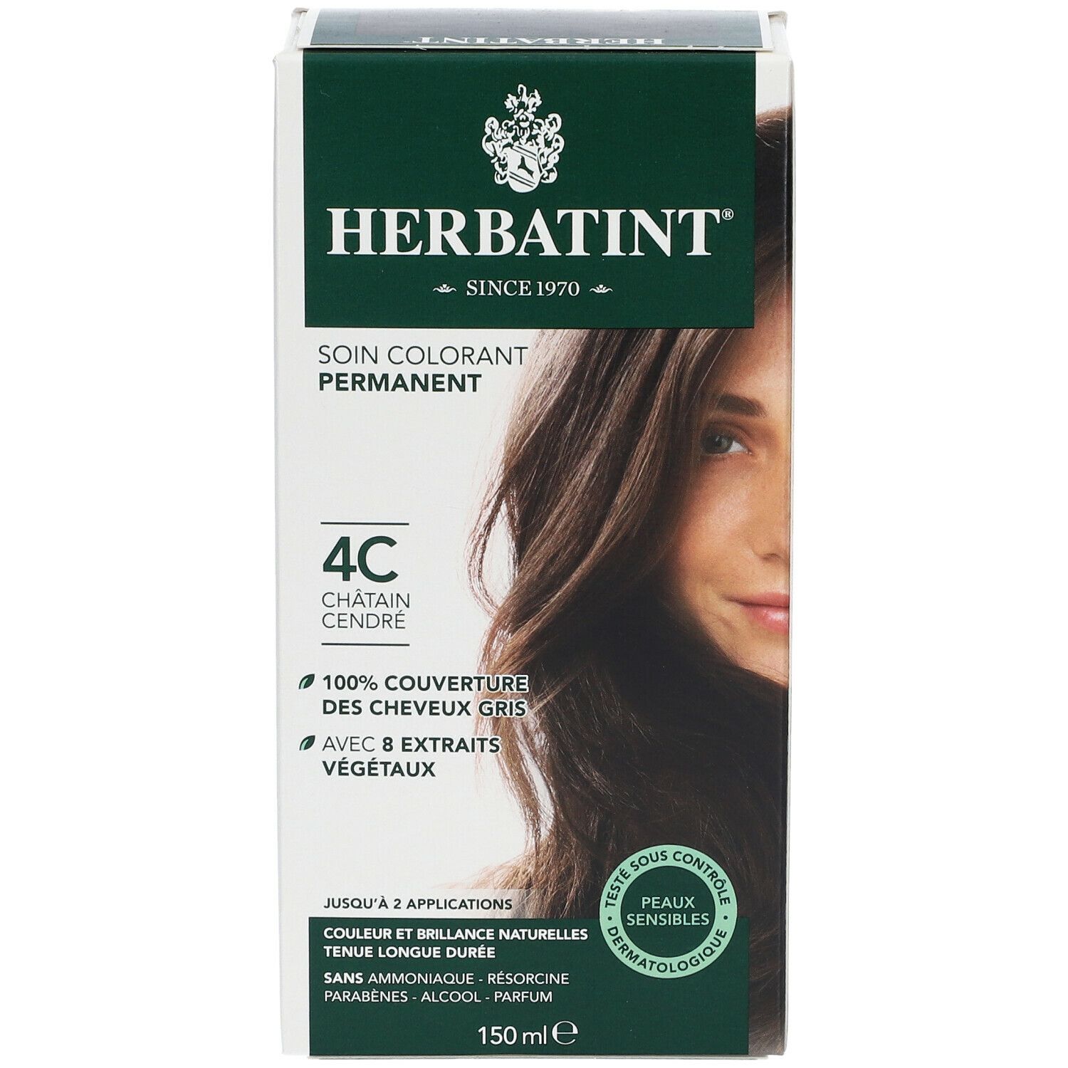 Herbatint Soin Colorant Permanent 4C. Châtain cendré. Couvre 100% des cheveux gris. Boîte. Testé dermatologiquement. 150ml.