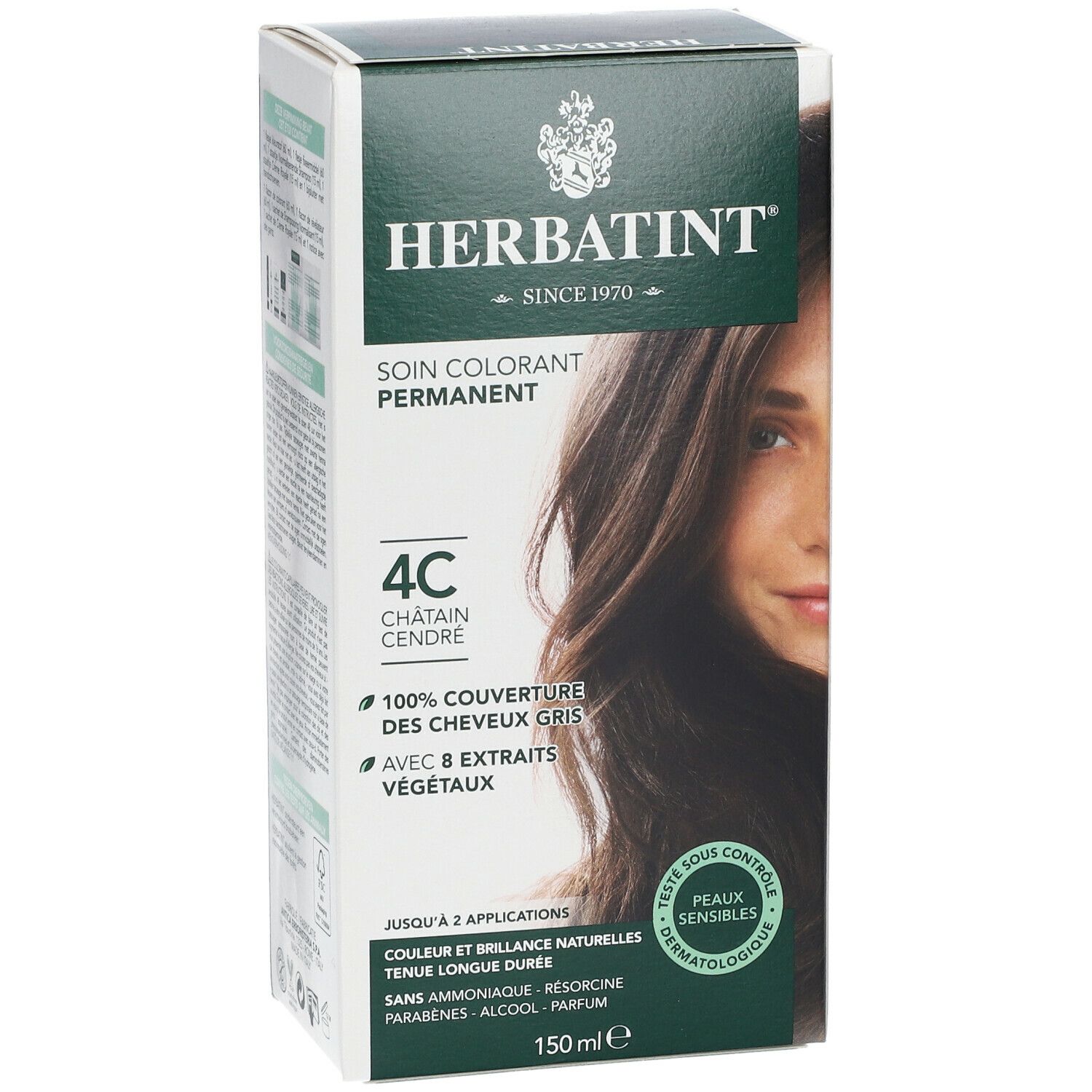 Herbatint Soin Colorant Permanent 4C. Châtain cendré. Couvre 100% des cheveux gris. Boîte. Testé dermatologiquement. 150ml.