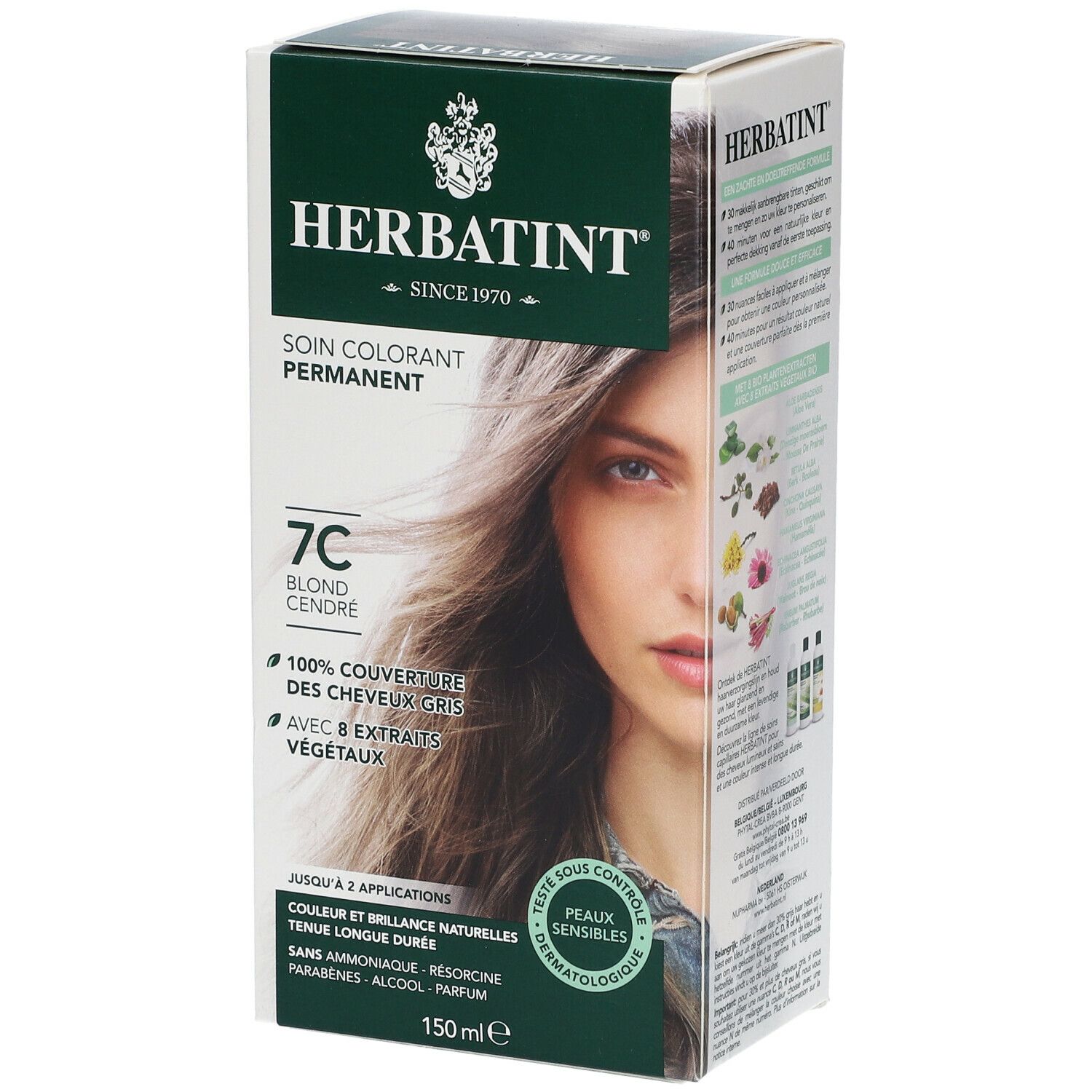 Herbatint gel colorant 7C, blond cendré. Boîte avec femme. Couvre 100% cheveux blancs. 8 extraits végétaux.