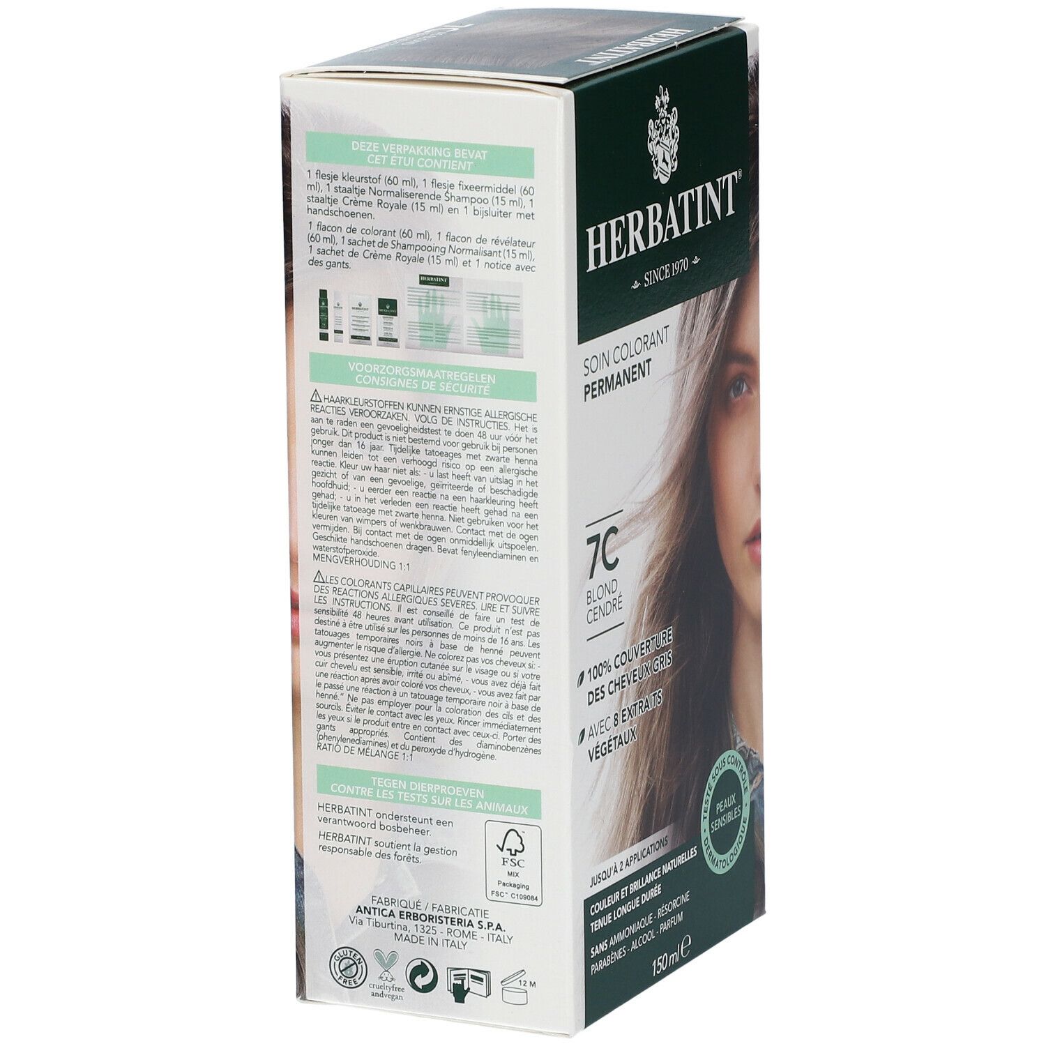 Herbatint gel colorant 7C, blond cendré. Boîte avec femme. Dos avec ingrédients et instructions d'utilisation.