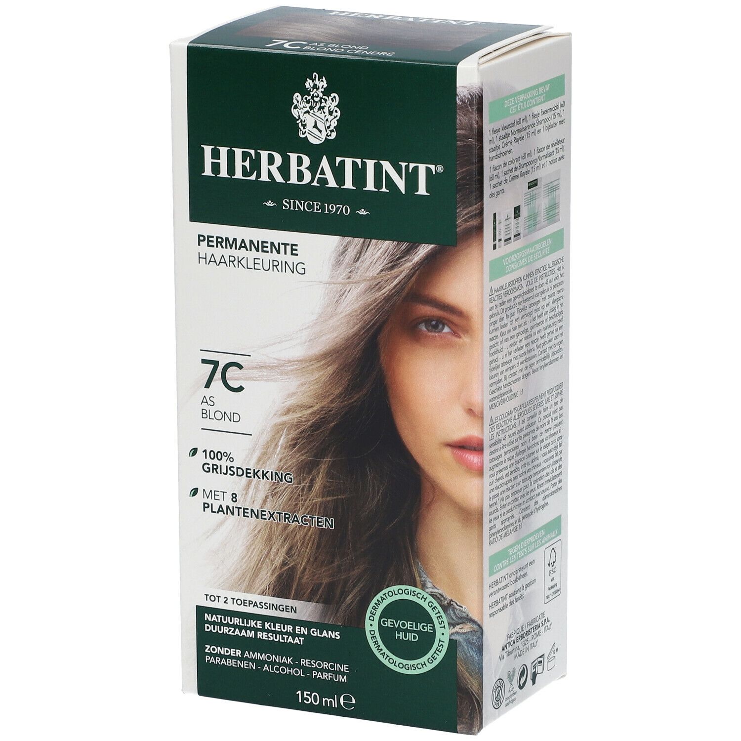 Herbatint gel colorant 7C, blond cendré. Boîte avec femme. Côté avec ingrédients et instructions d'utilisation.