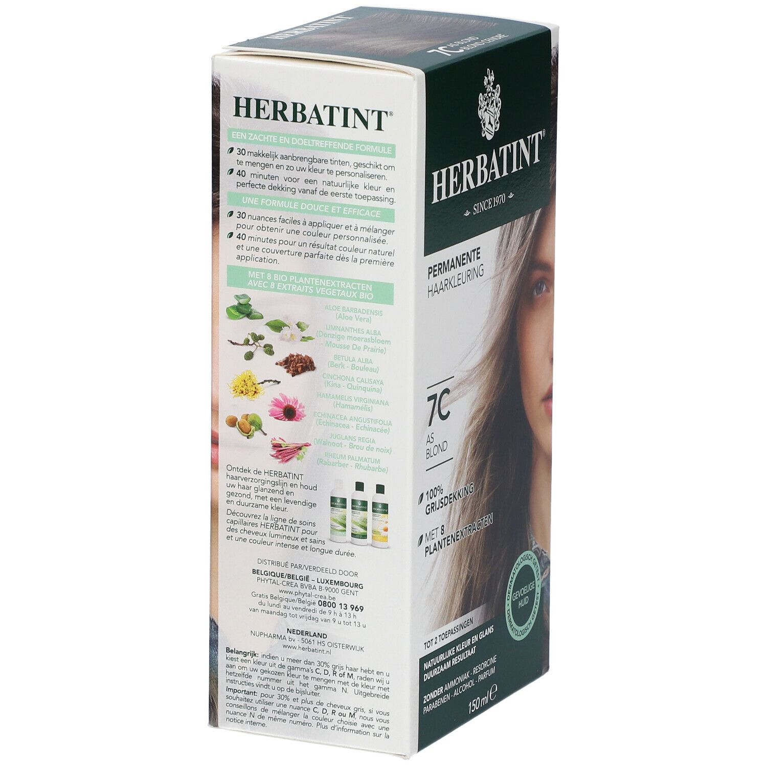 Herbatint gel colorant 7C, blond cendré. Boîte avec femme. Côté avec ingrédients et instructions d'utilisation.