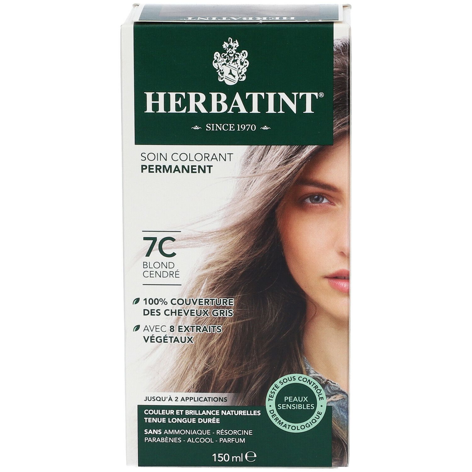 Herbatint gel colorant 7C, blond cendré. Boîte avec femme. Couvre 100% cheveux blancs. 8 extraits végétaux.