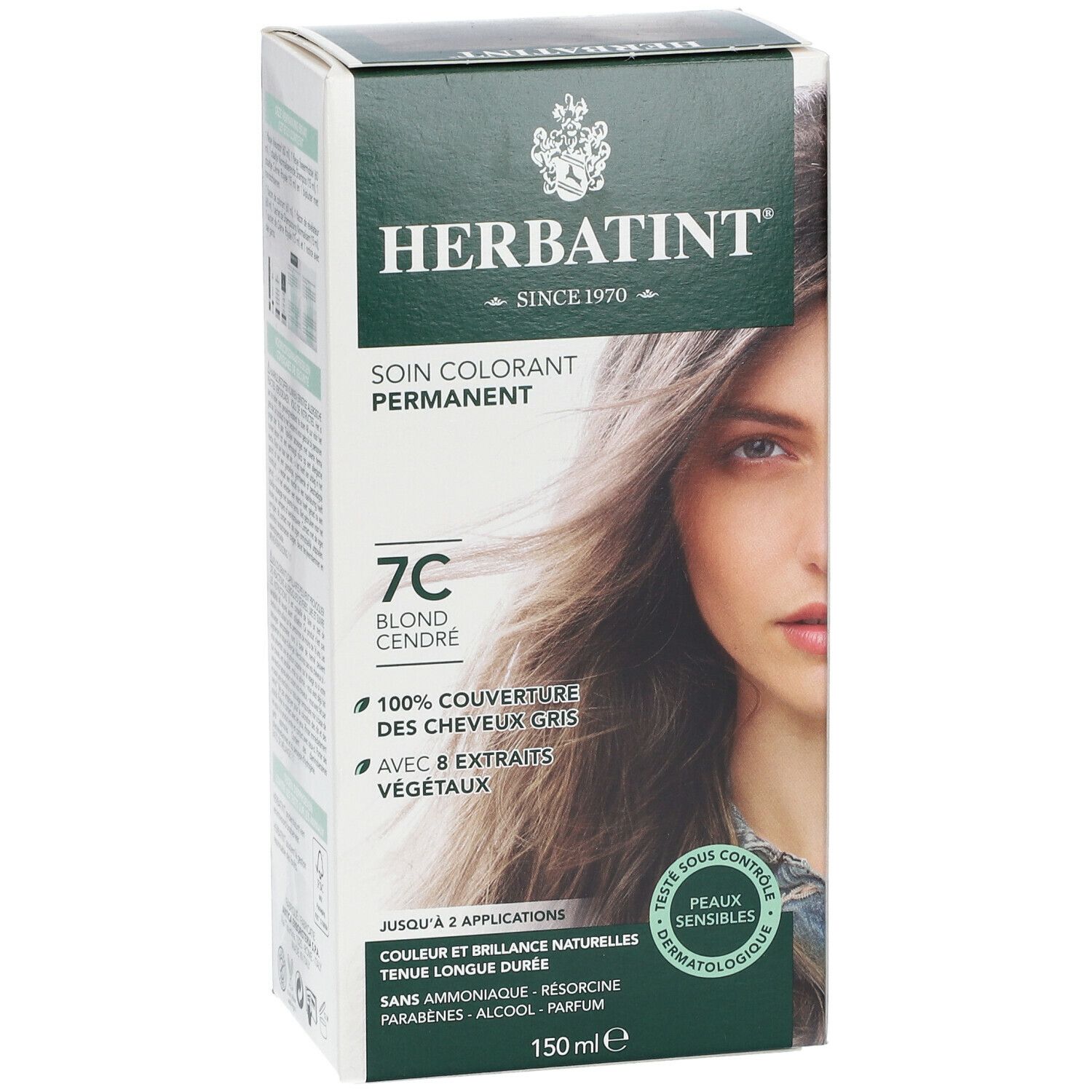 Herbatint gel colorant 7C, blond cendré. Boîte avec femme. Couvre 100% cheveux blancs. 8 extraits végétaux.