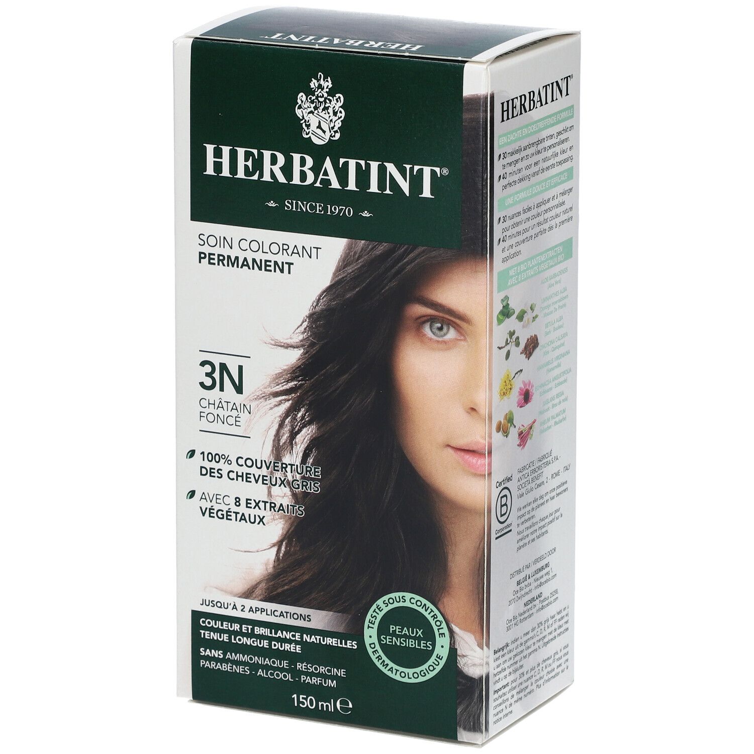 HERBATINT® Soin colorant permanent. 3N Châtain foncé. Couvre 100% des cheveux gris. Avec 8 extraits végétaux. Jusqu'à 2 applications. 150ml.