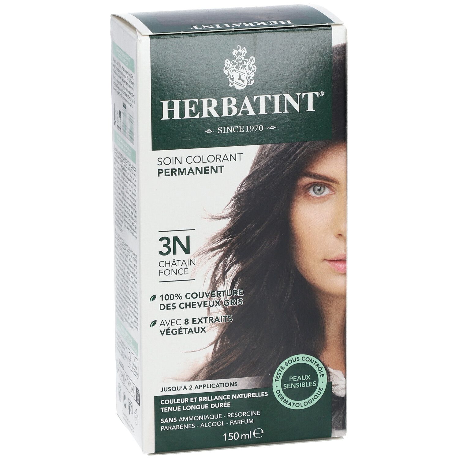 HERBATINT® Soin colorant permanent. 3N Châtain foncé. Couvre 100% des cheveux gris. Avec 8 extraits végétaux. Jusqu'à 2 applications. 150ml.