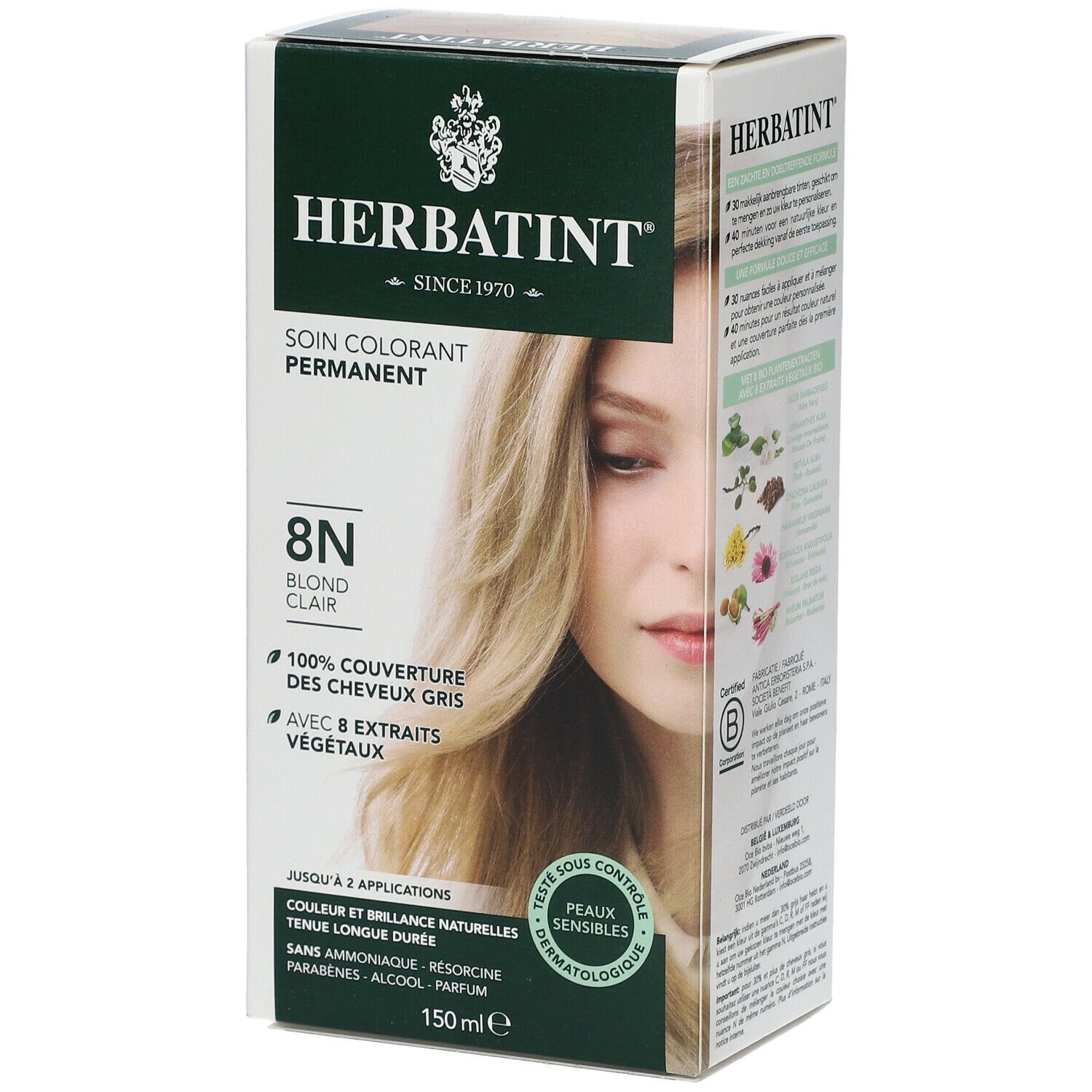 HERBATINT® 8N blond clair, coloration permanente. Couvre 100% des cheveux gris. Avec 8 extraits végétaux. Testé dermatologiquement.