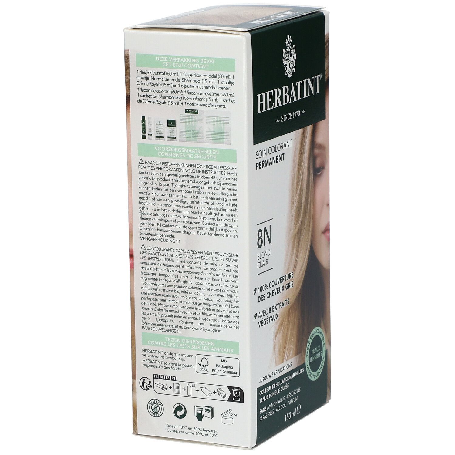 HERBATINT® 8N blond clair, coloration permanente. Couvre 100% des cheveux gris. Avec 8 extraits végétaux. Testé dermatologiquement.