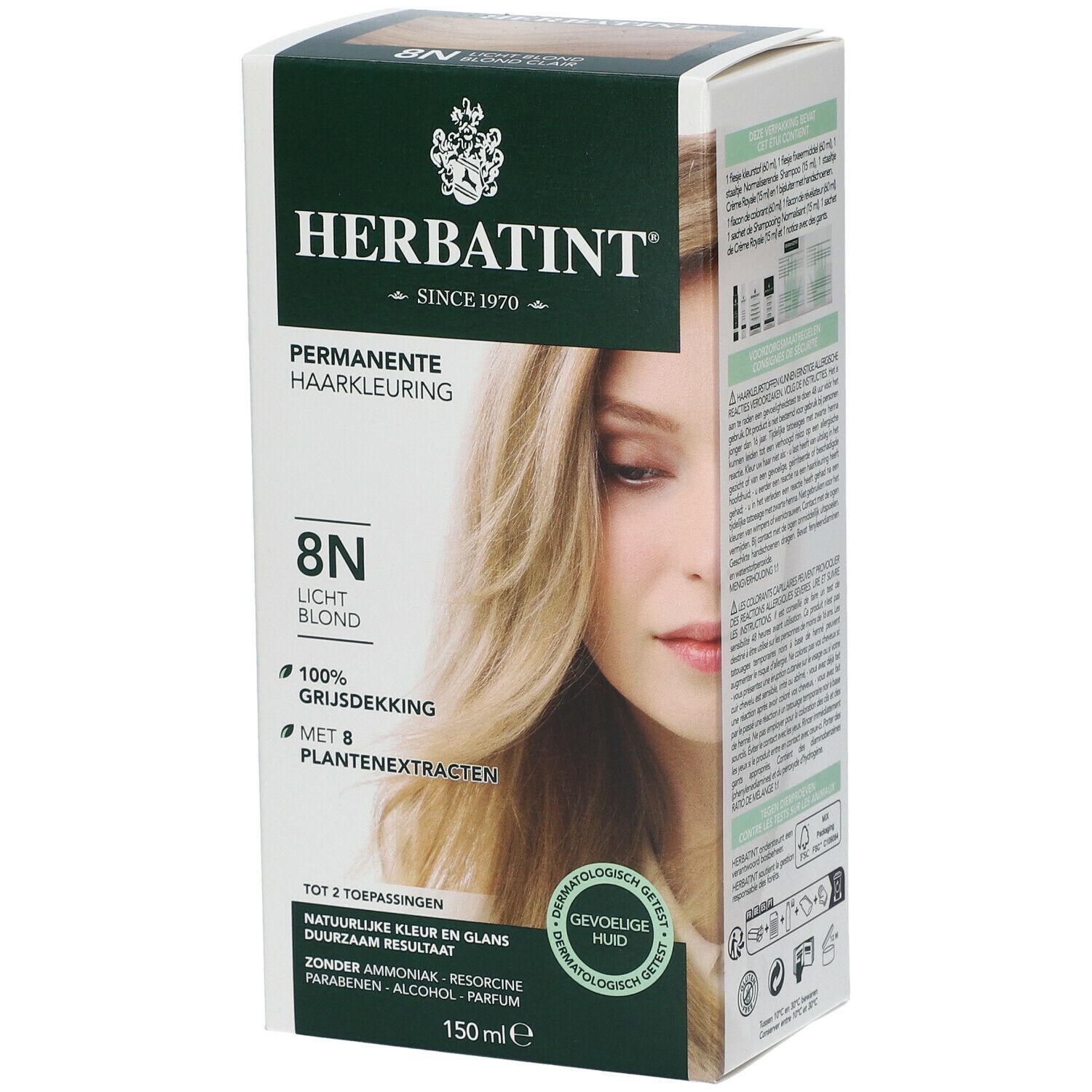 HERBATINT® 8N blond clair, coloration permanente. Couvre 100% des cheveux gris. Avec 8 extraits végétaux. Testé dermatologiquement.