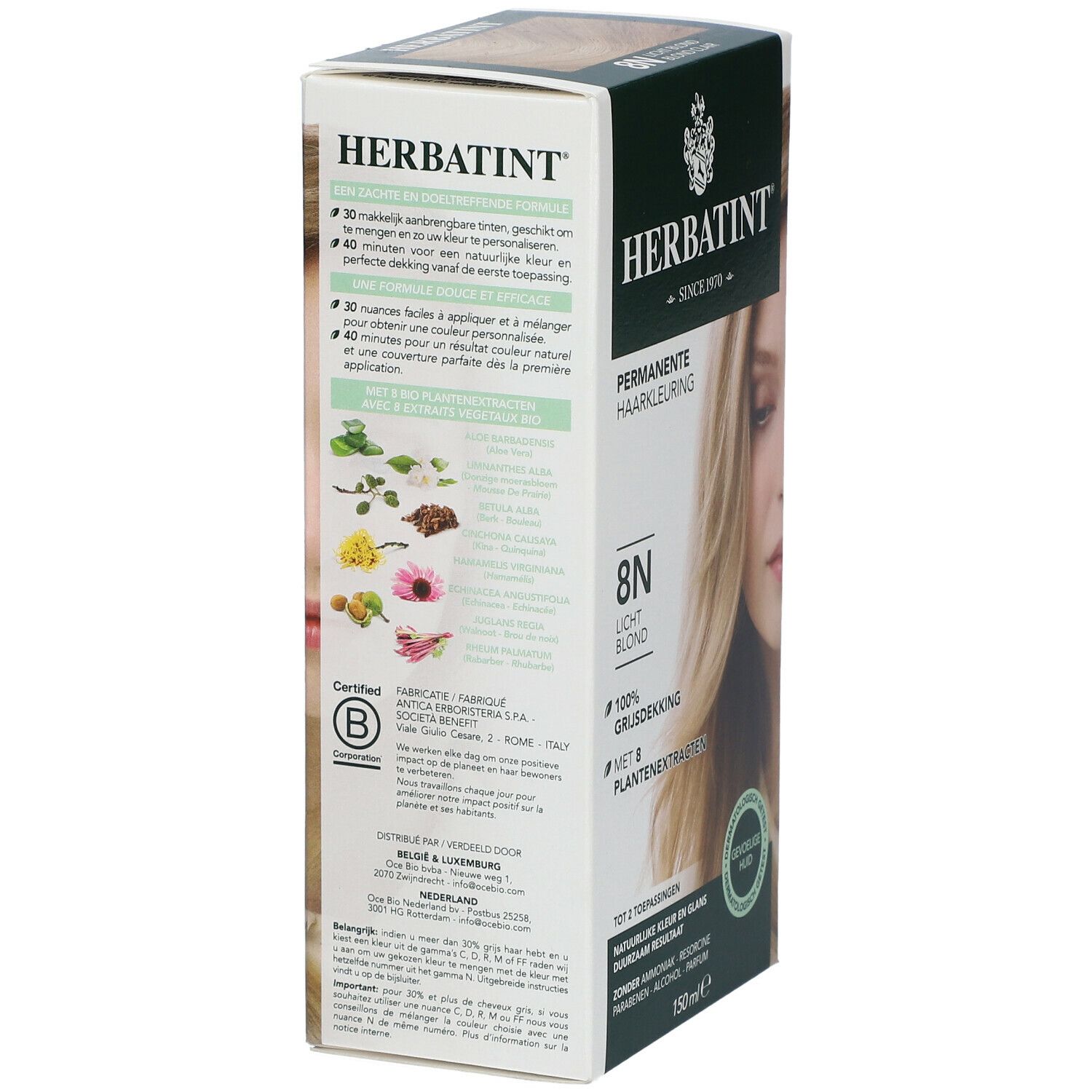 HERBATINT® 8N blond clair, coloration permanente. Couvre 100% des cheveux gris. Avec 8 extraits végétaux. Testé dermatologiquement.