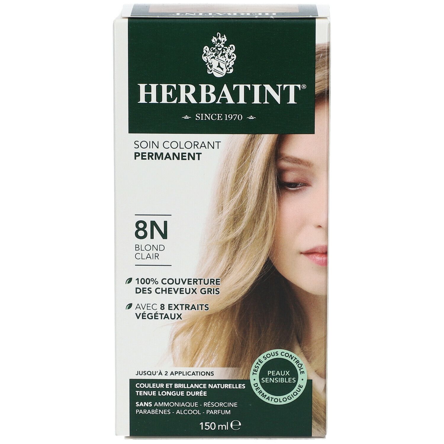 HERBATINT® 8N blond clair, coloration permanente. Couvre 100% des cheveux gris. Avec 8 extraits végétaux. Testé dermatologiquement.