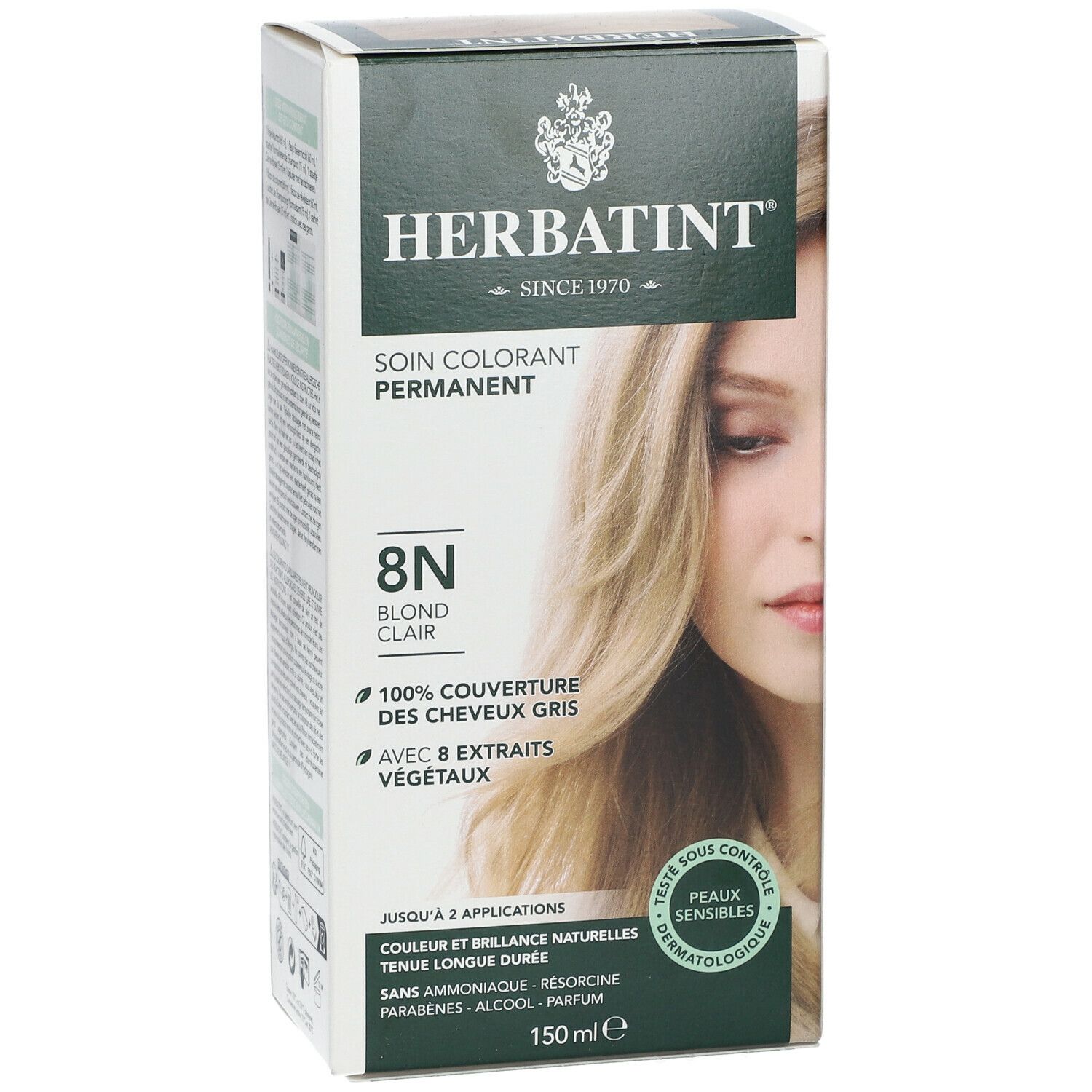 HERBATINT® 8N blond clair, coloration permanente. Couvre 100% des cheveux gris. Avec 8 extraits végétaux. Testé dermatologiquement.
