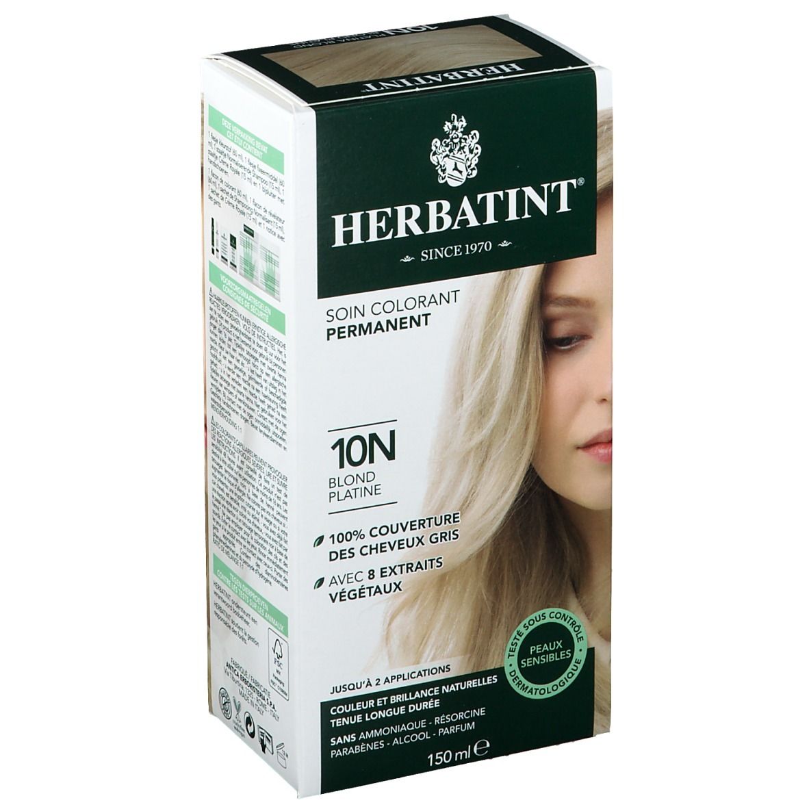 Boîte de coloration capillaire Blond Platine 10N. Marque Herbatint. Couvre les cheveux gris. Pour 2 applications. 150ml.