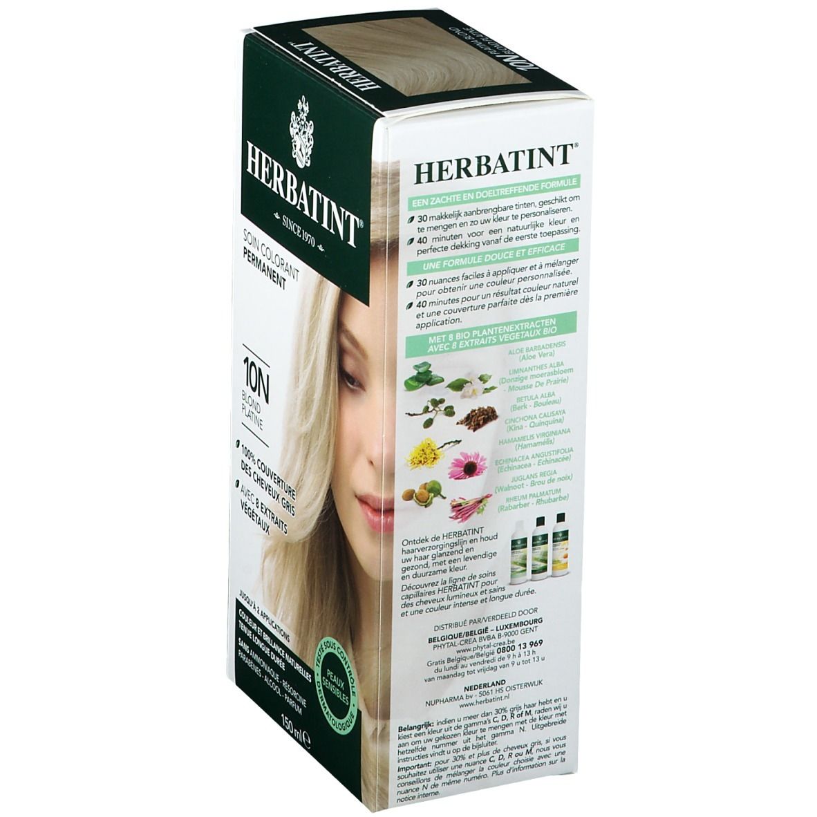 Boîte de coloration capillaire Blond Platine 10N. Marque Herbatint. Couvre les cheveux gris. Avec extraits de plantes. 150ml.