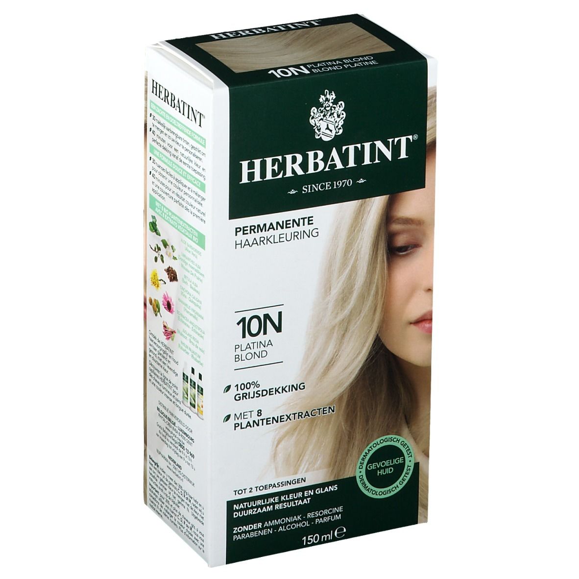 Boîte de coloration capillaire Blond Platine 10N. Marque Herbatint. Couvre les cheveux gris. Avec extraits de plantes. 150ml.