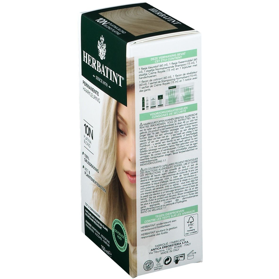 Boîte de coloration capillaire Blond Platine 10N. Marque Herbatint. Couvre les cheveux gris. Avec extraits de plantes. 150ml.