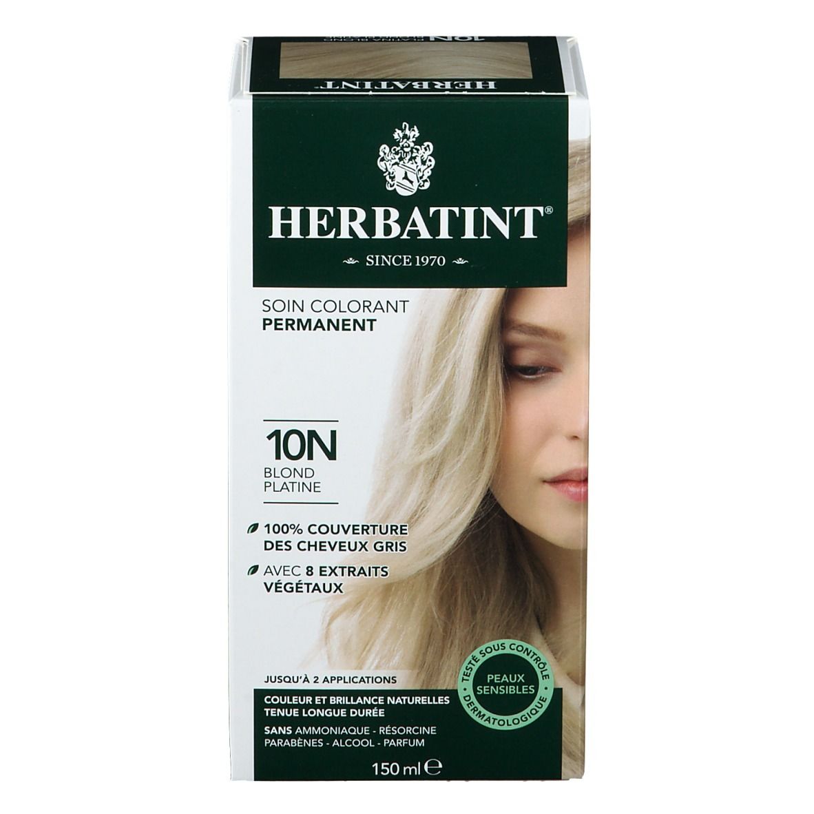 Boîte de coloration capillaire Blond Platine 10N. Marque Herbatint. Couvre les cheveux gris. Avec extraits de plantes. 150ml.