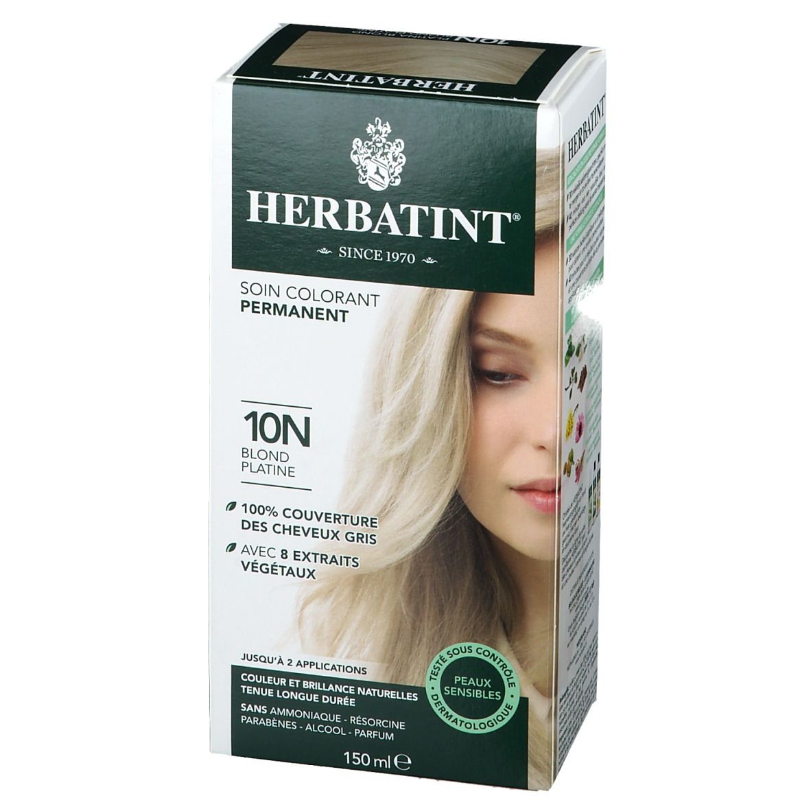 Boîte de coloration capillaire Blond Platine 10N. Marque Herbatint. Couvre les cheveux gris. Avec extraits de plantes. 150ml.