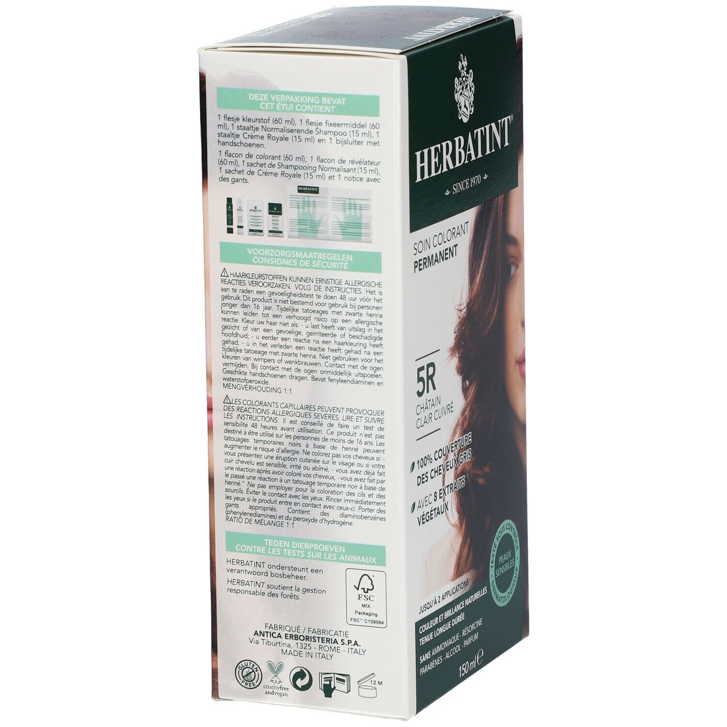 Dos de la boîte Herbatint. 5R Châtain Clair Cuivré. Ingrédients, instructions. Testé dermatologiquement. Fabriqué en Italie.