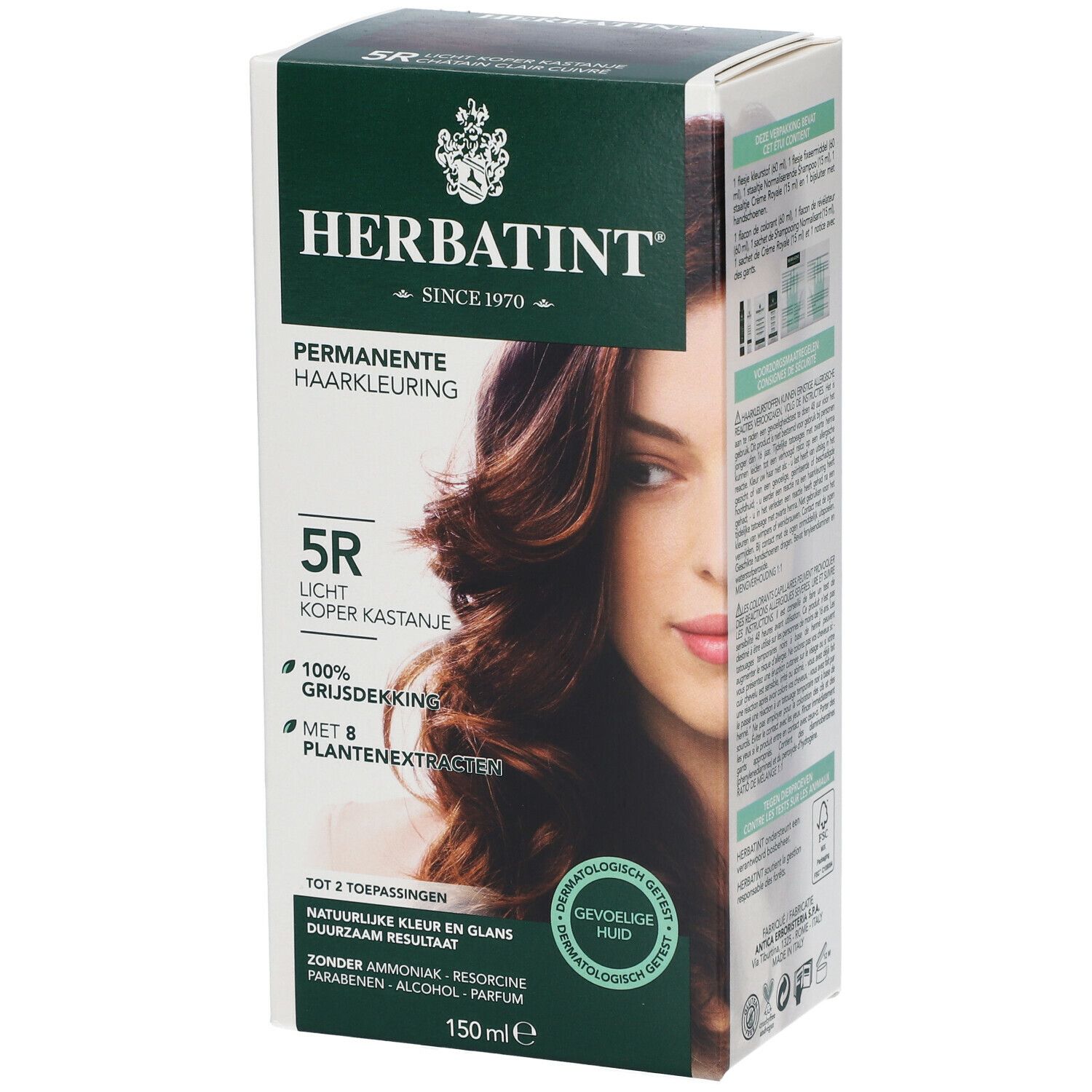 Boîte Herbatint. Coloration permanente. 5R Châtain Clair Cuivré. Couvre 100% des cheveux gris. Avec 8 extraits végétaux. 150 ml.