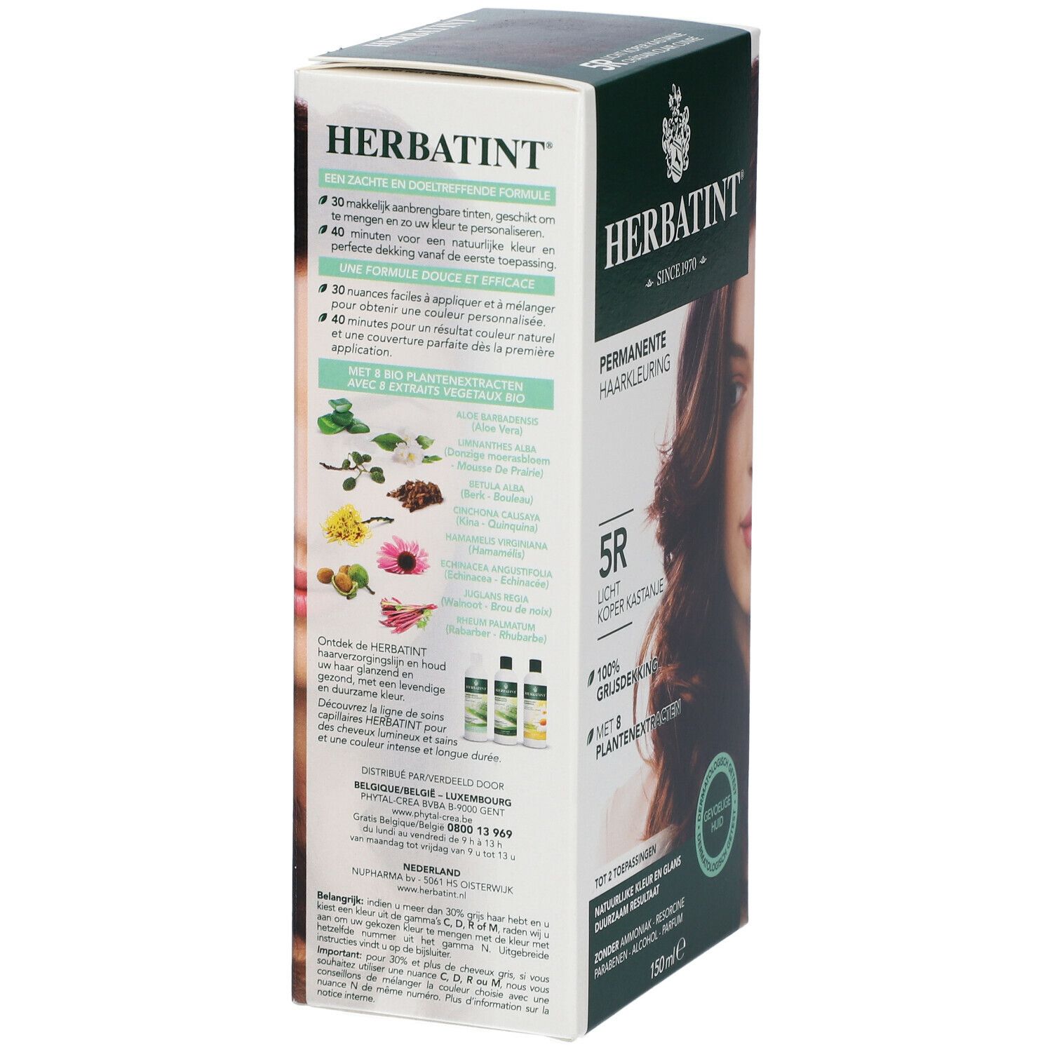 Dos de la boîte Herbatint. Coloration permanente. Ingrédients, instructions. Testé dermatologiquement. Fabriqué au Luxembourg.