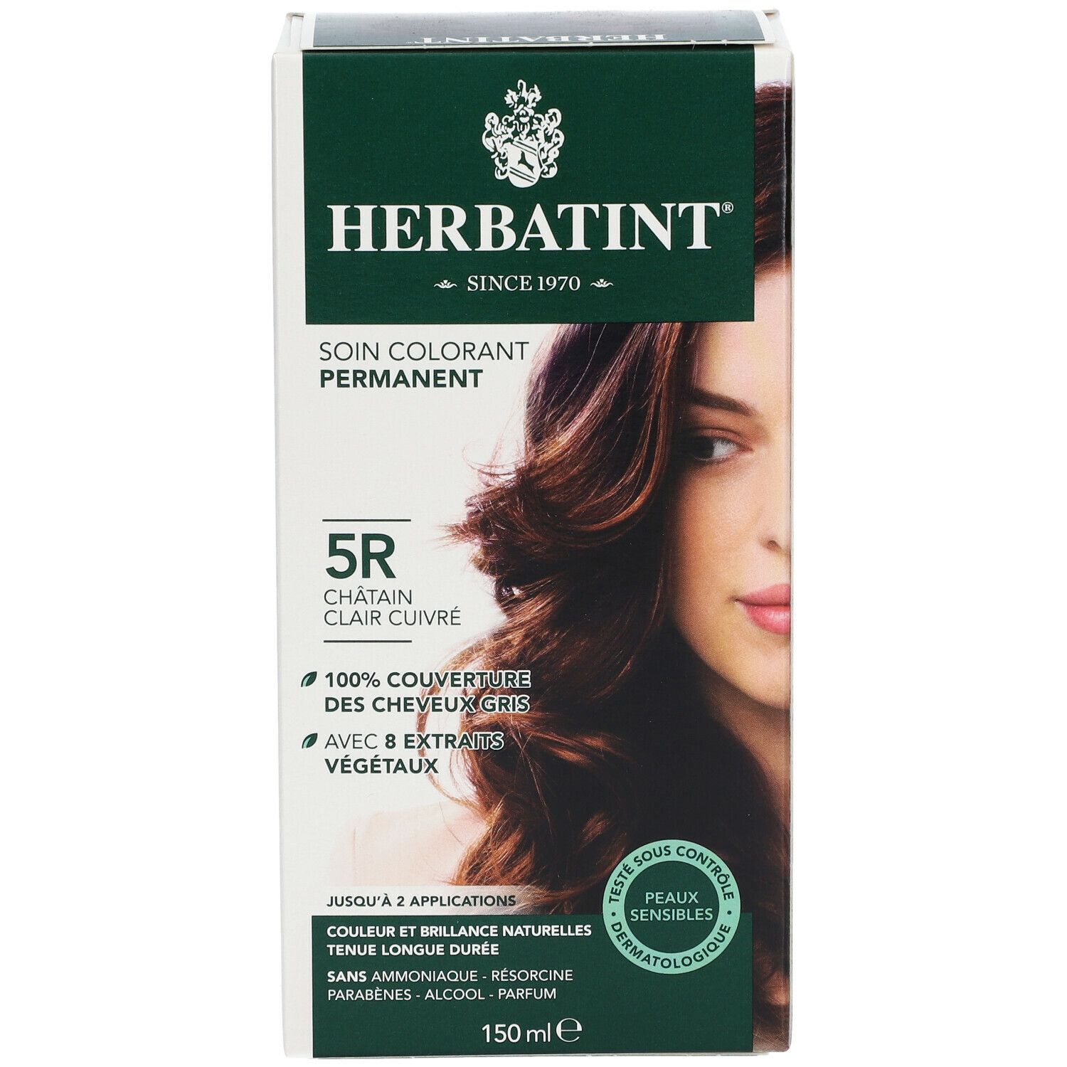Boîte Herbatint. 5R Châtain Clair Cuivré. Couvre 100% des cheveux gris. Avec 8 extraits végétaux. Testé dermatologiquement. 150 ml.