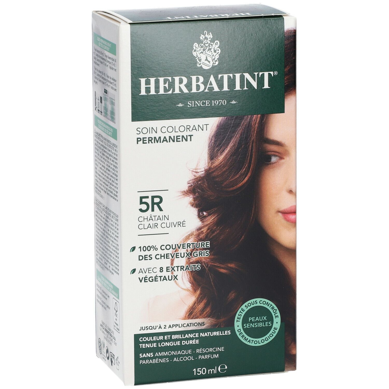 Boîte Herbatint. 5R Châtain Clair Cuivré. Couvre 100% des cheveux gris. Avec 8 extraits végétaux. Testé dermatologiquement. 150 ml.
