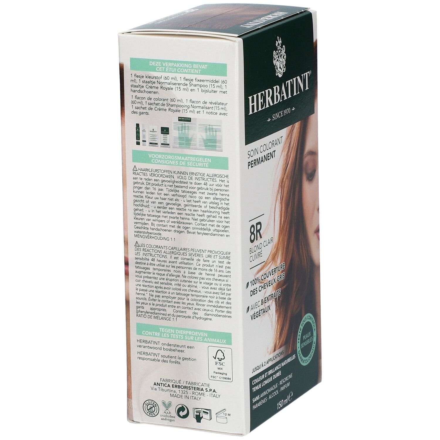 Seitenansicht der Haarfarbepackung. Text: 8R Blond Clair Cuivre, Inhaltsstoffe, Gebrauchsanweisung, Herstellerinformationen. Dermatologisch getestet.