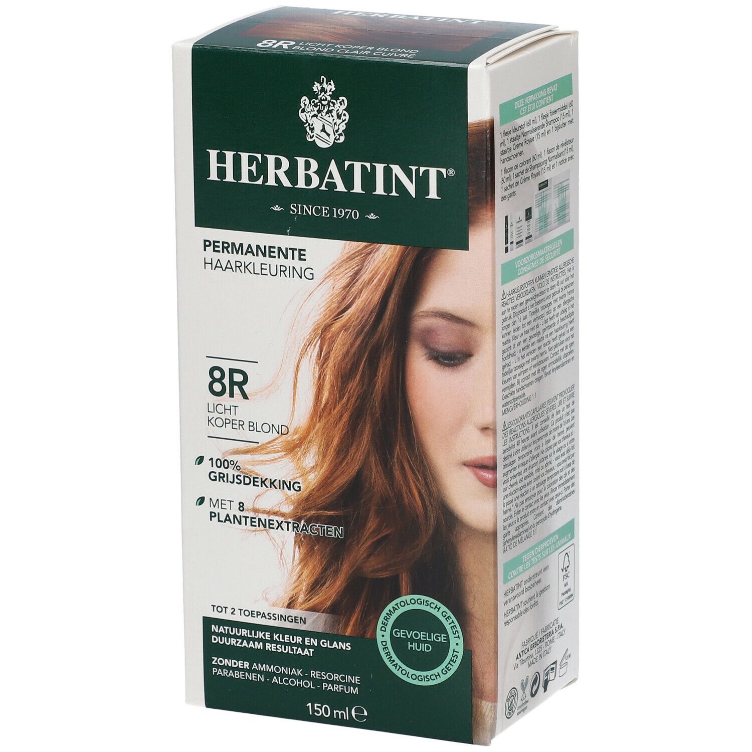 Haarfarbepackung mit Produktnamen und Farbton. Aufdrucke: 8R Licht Koper Blond, 100% Grauhaarabdeckung, mit Pflanzenextrakten. Dermatologisch getestet.