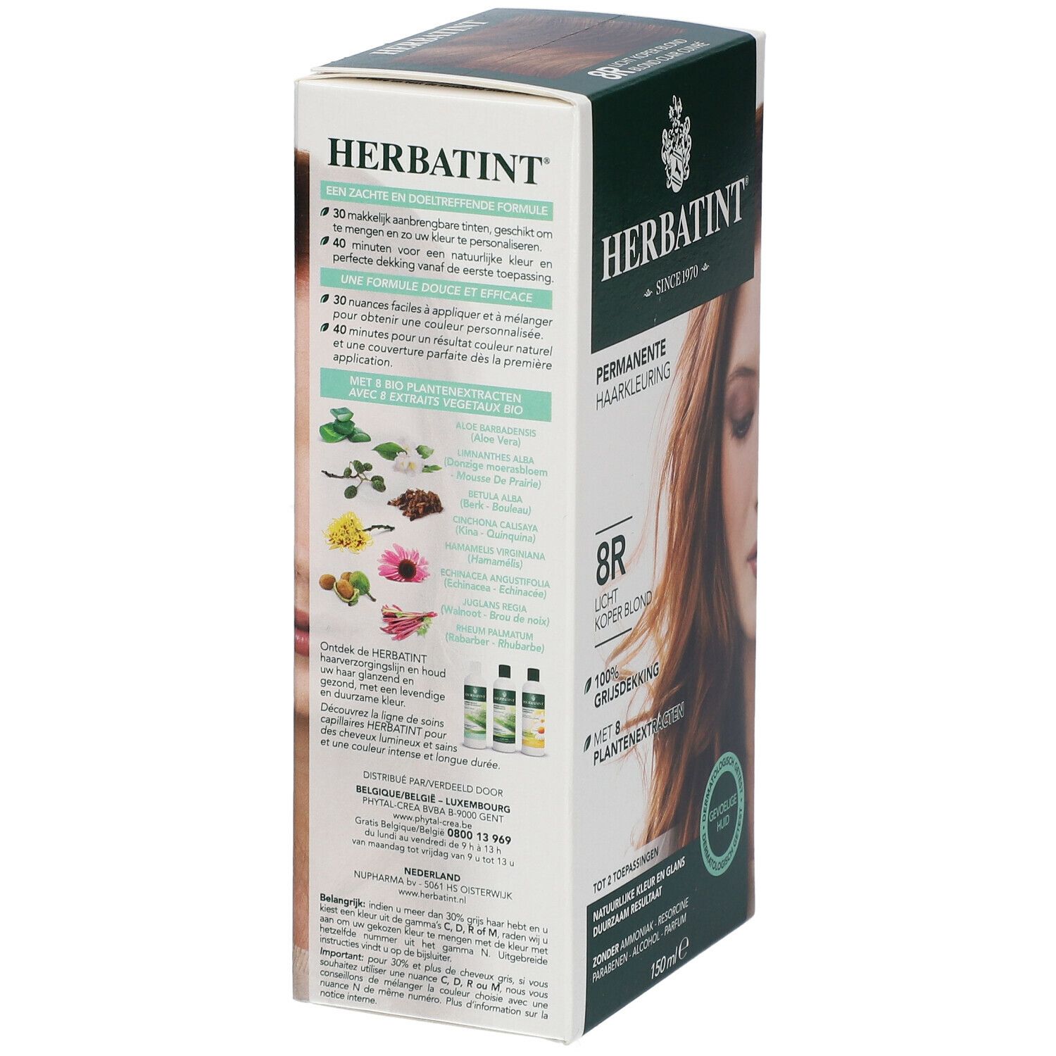 Seitenansicht der Haarfarbepackung. Text: 8R Licht Koper Blond, Inhaltsstoffe, Gebrauchsanweisung, Herstellerinformationen. Dermatologisch getestet.