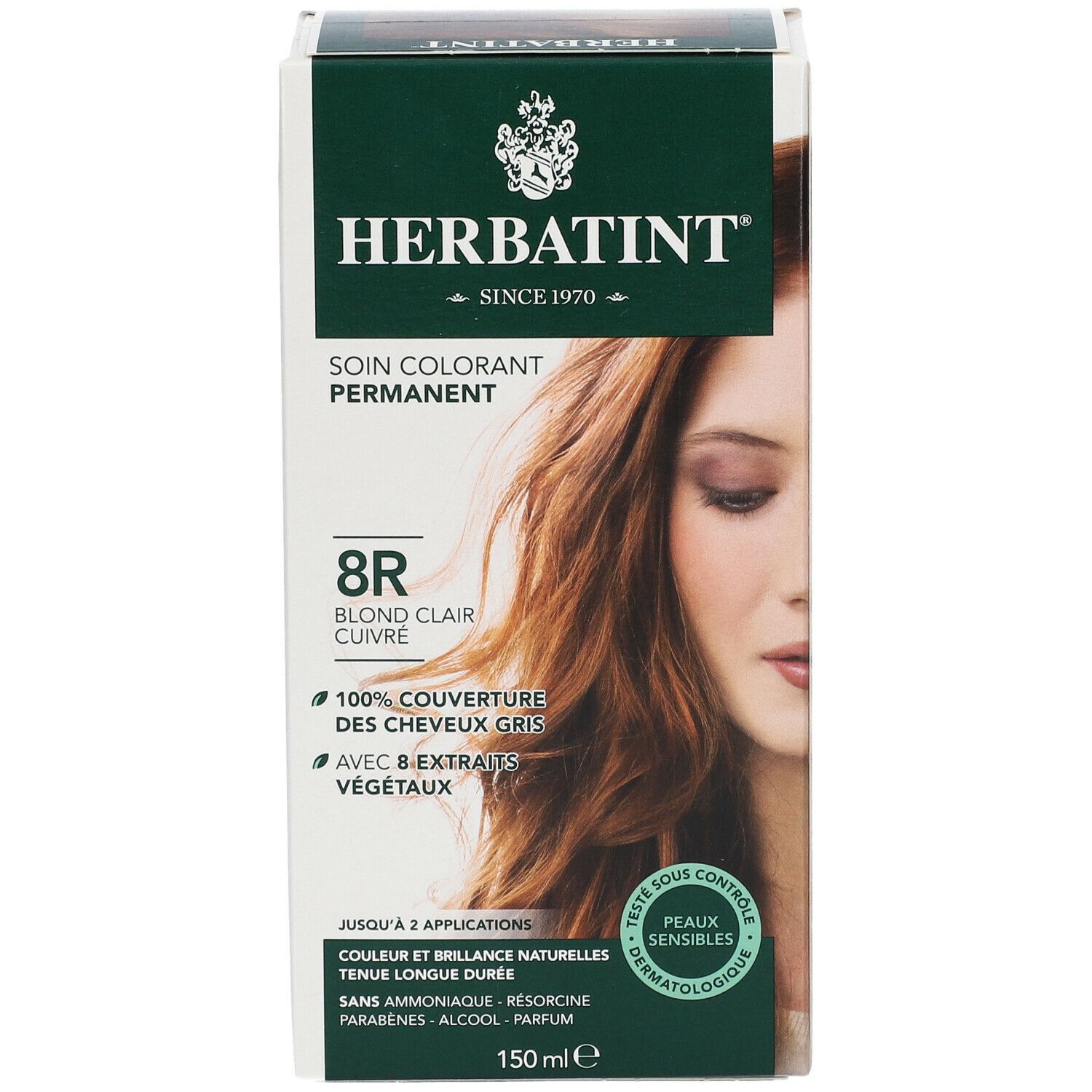 Haarfarbepackung mit Produktnamen und Farbton. Aufdrucke: 8R Blond Clair Cuivre, 100% Grauhaarabdeckung, mit 8 Pflanzenextrakten. Dermatologisch getestet.