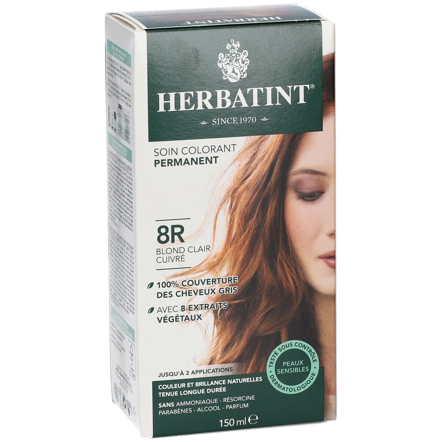 Haarfarbepackung mit Produktnamen und Farbton. Aufdrucke: 8R Blond Clair Cuivre, 100% Grauhaarabdeckung, mit 8 Pflanzenextrakten. Dermatologisch getestet.