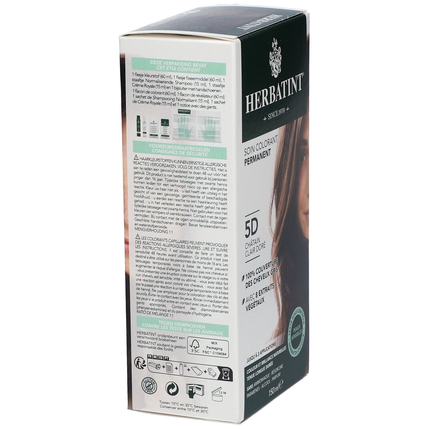 Vue latérale de la boîte de coloration. Contient des informations sur les ingrédients, l'utilisation et les avertissements. Papier certifié FSC.